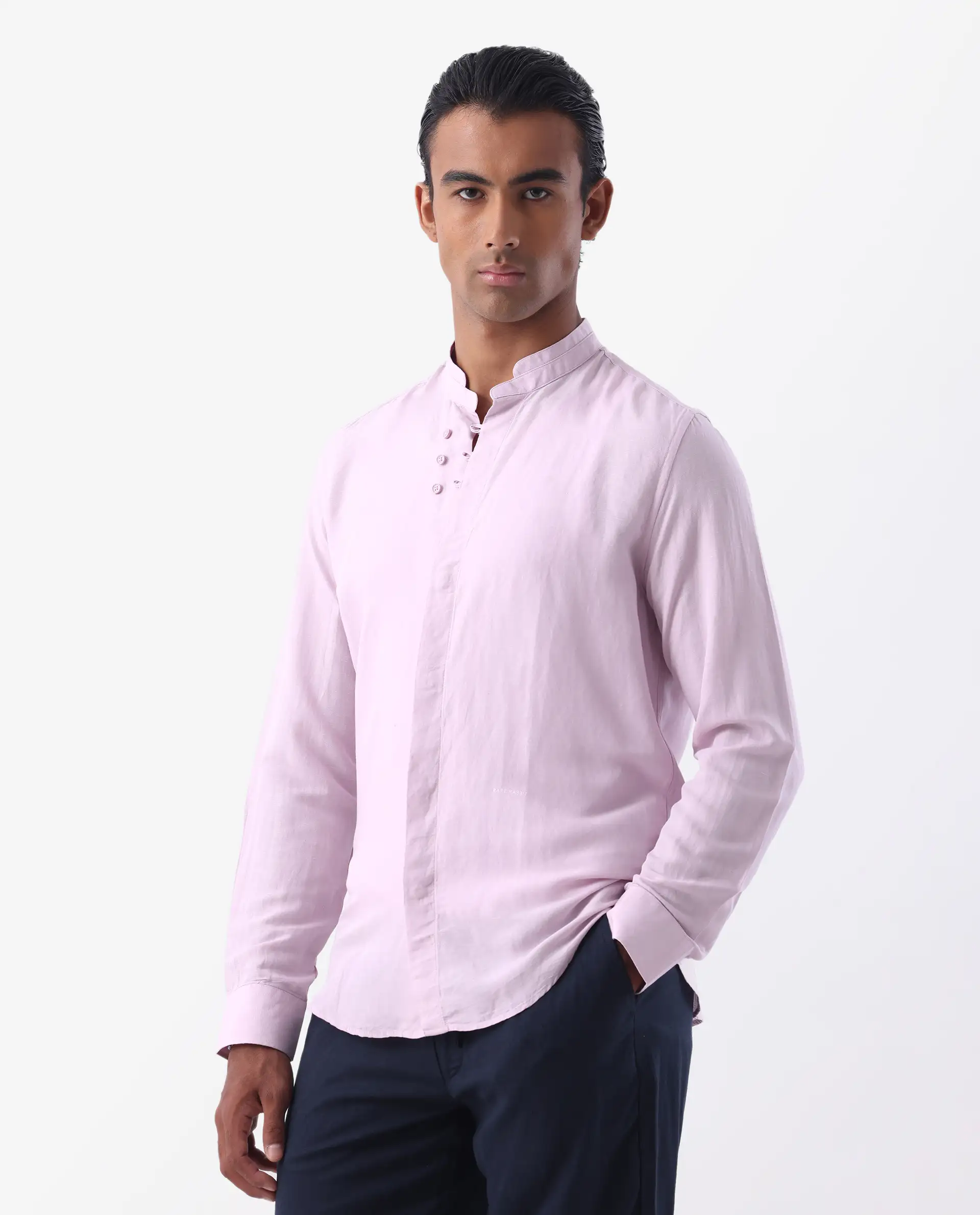 Rare Rabbit Men's Throne Pastel Pink 100% Linen Plain Regular Fit Full Sleeve Mandarin Collar Shirt - Image 5