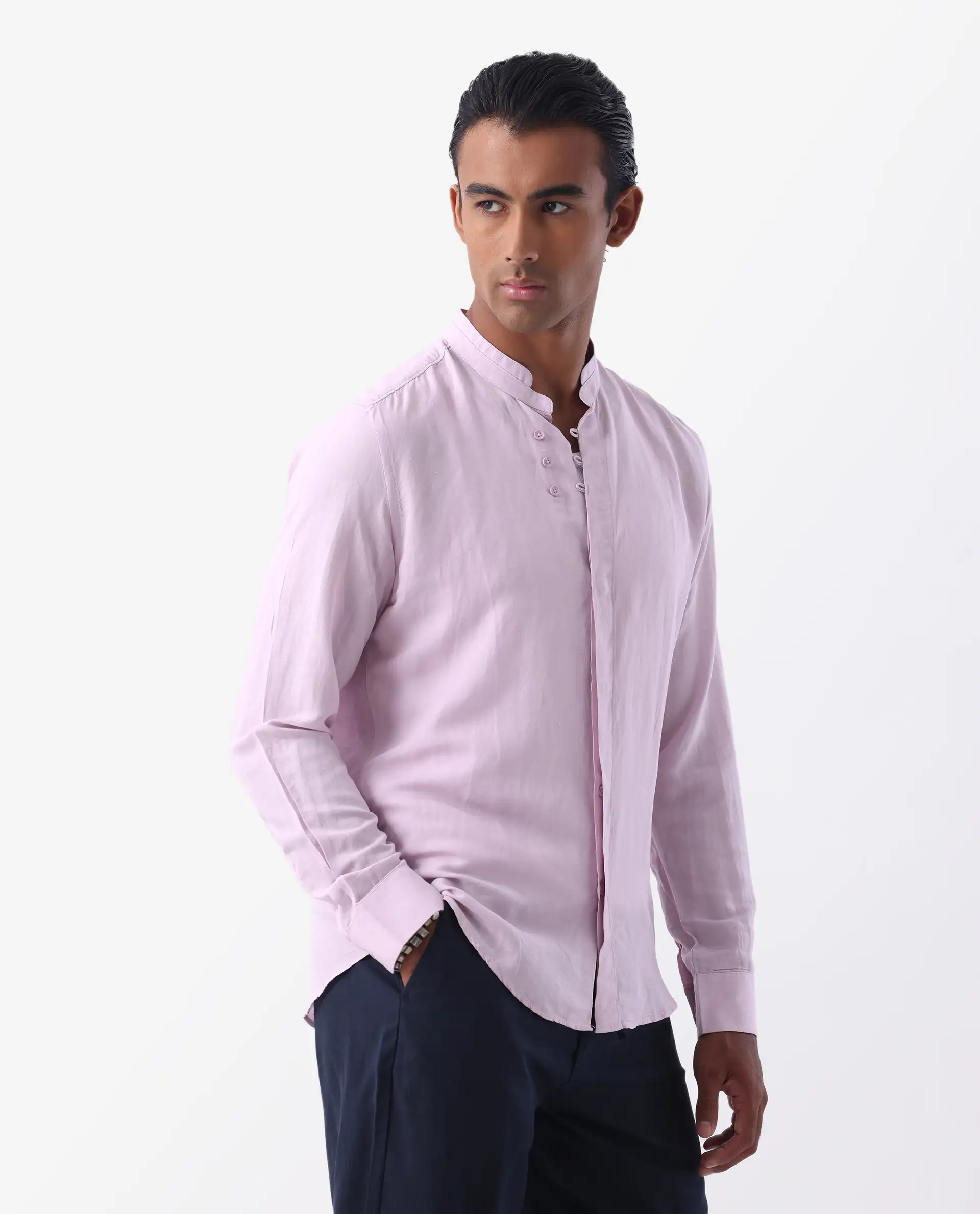 Rare Rabbit Men's Throne Pastel Pink 100% Linen Plain Regular Fit Full Sleeve Mandarin Collar Shirt - Image 6
