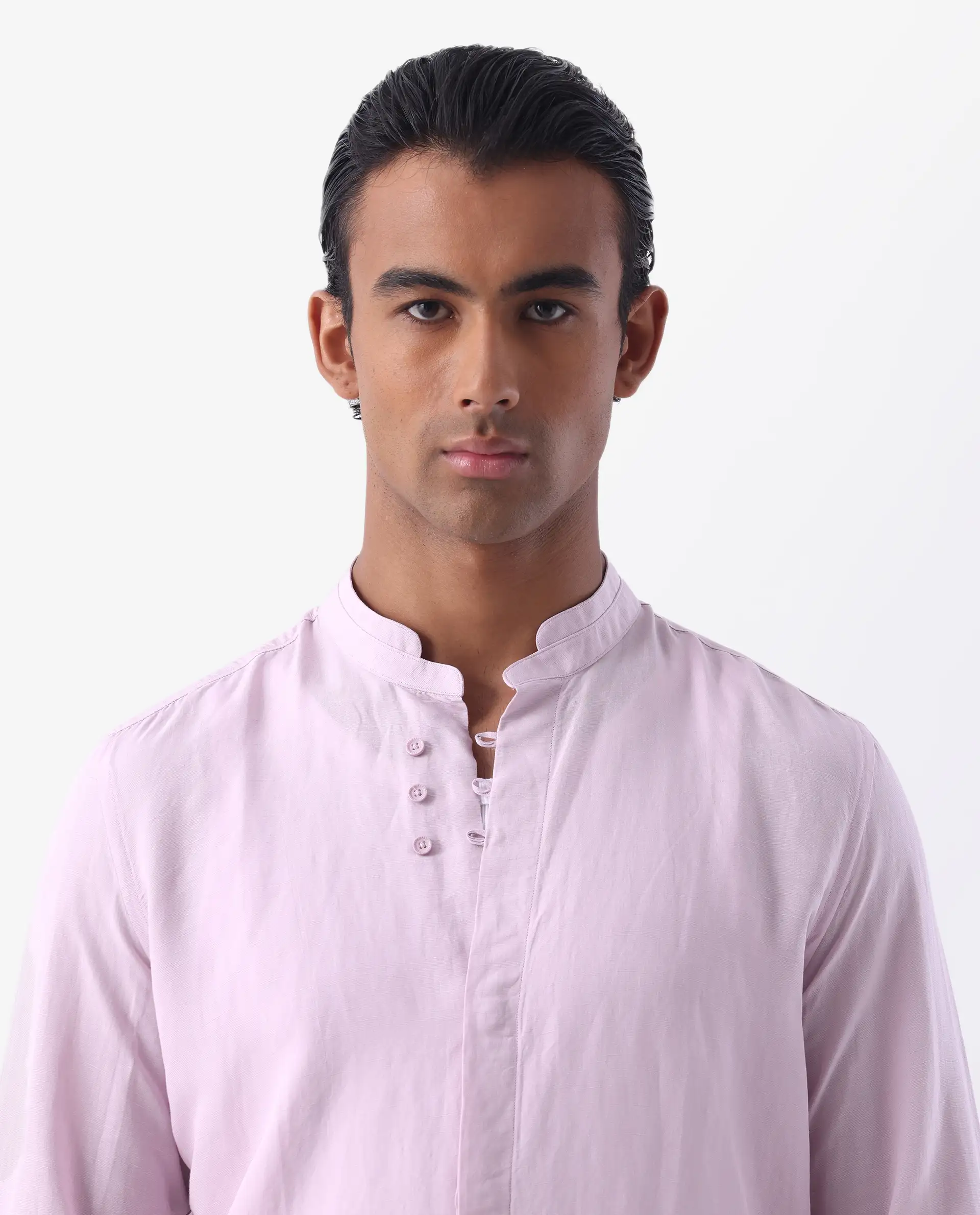 Rare Rabbit Men's Throne Pastel Pink 100% Linen Plain Regular Fit Full Sleeve Mandarin Collar Shirt - Image 7