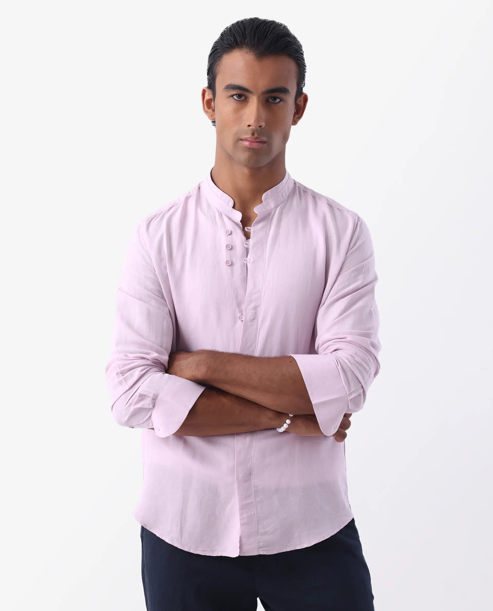 Rare Rabbit Men's Throne Pastel Pink 100% Linen Plain Regular Fit Full Sleeve Mandarin Collar Shirt - Image 8