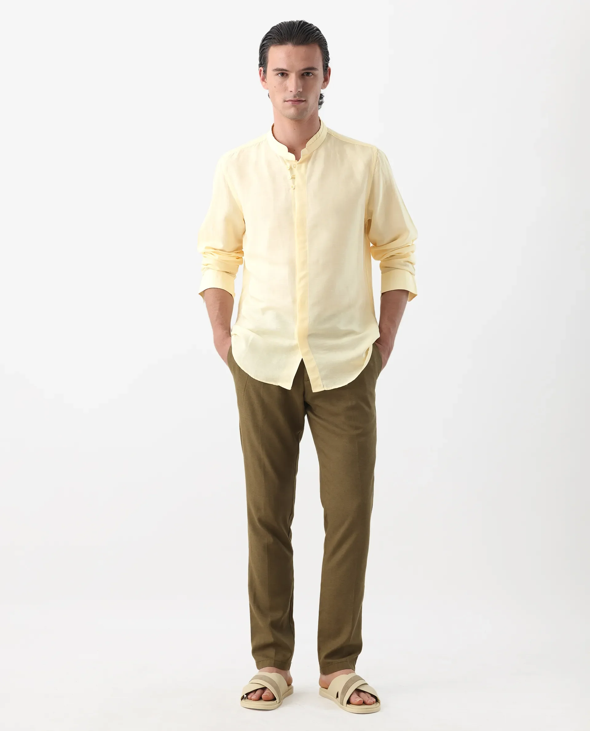 Rare Rabbit Men's Throne Yellow 100% Linen Regular Fit Full Sleeve Spread Collar Shirt - Image 2