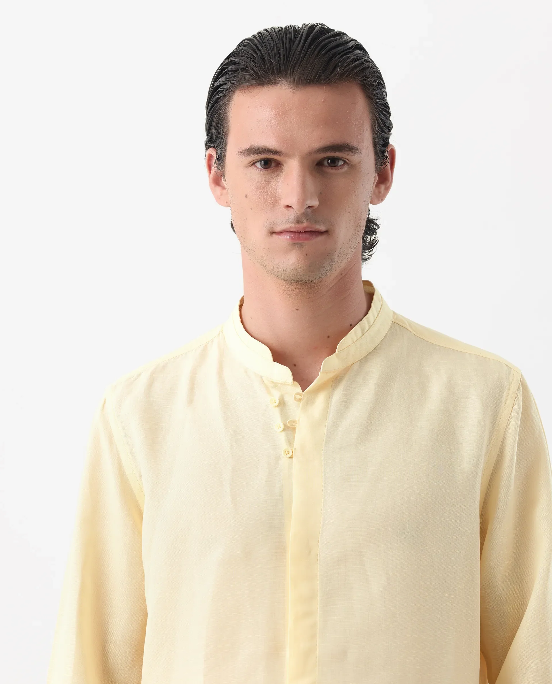 Rare Rabbit Men's Throne Yellow 100% Linen Regular Fit Full Sleeve Spread Collar Shirt - Image 3