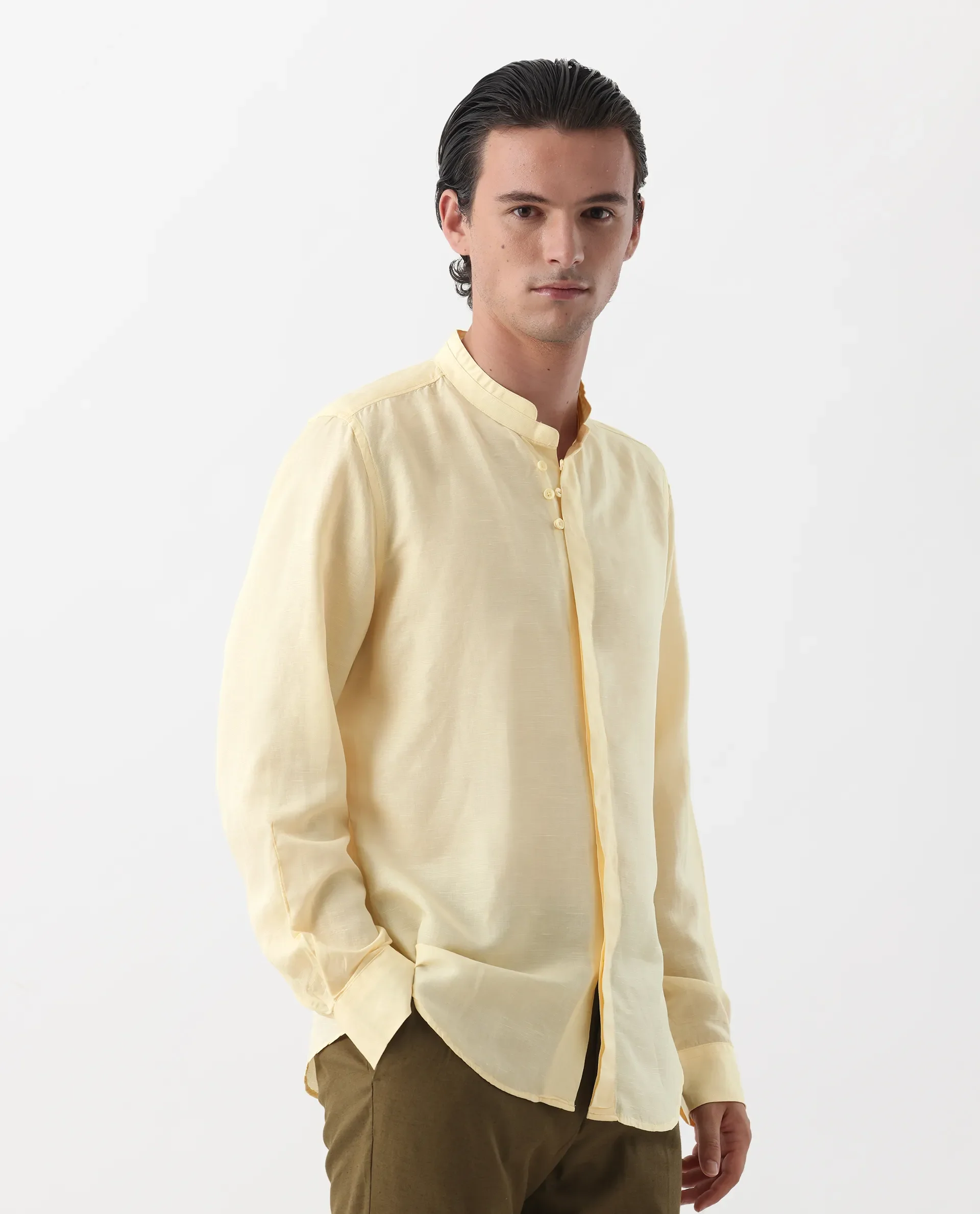 Rare Rabbit Men's Throne Yellow 100% Linen Regular Fit Full Sleeve Spread Collar Shirt - Image 6