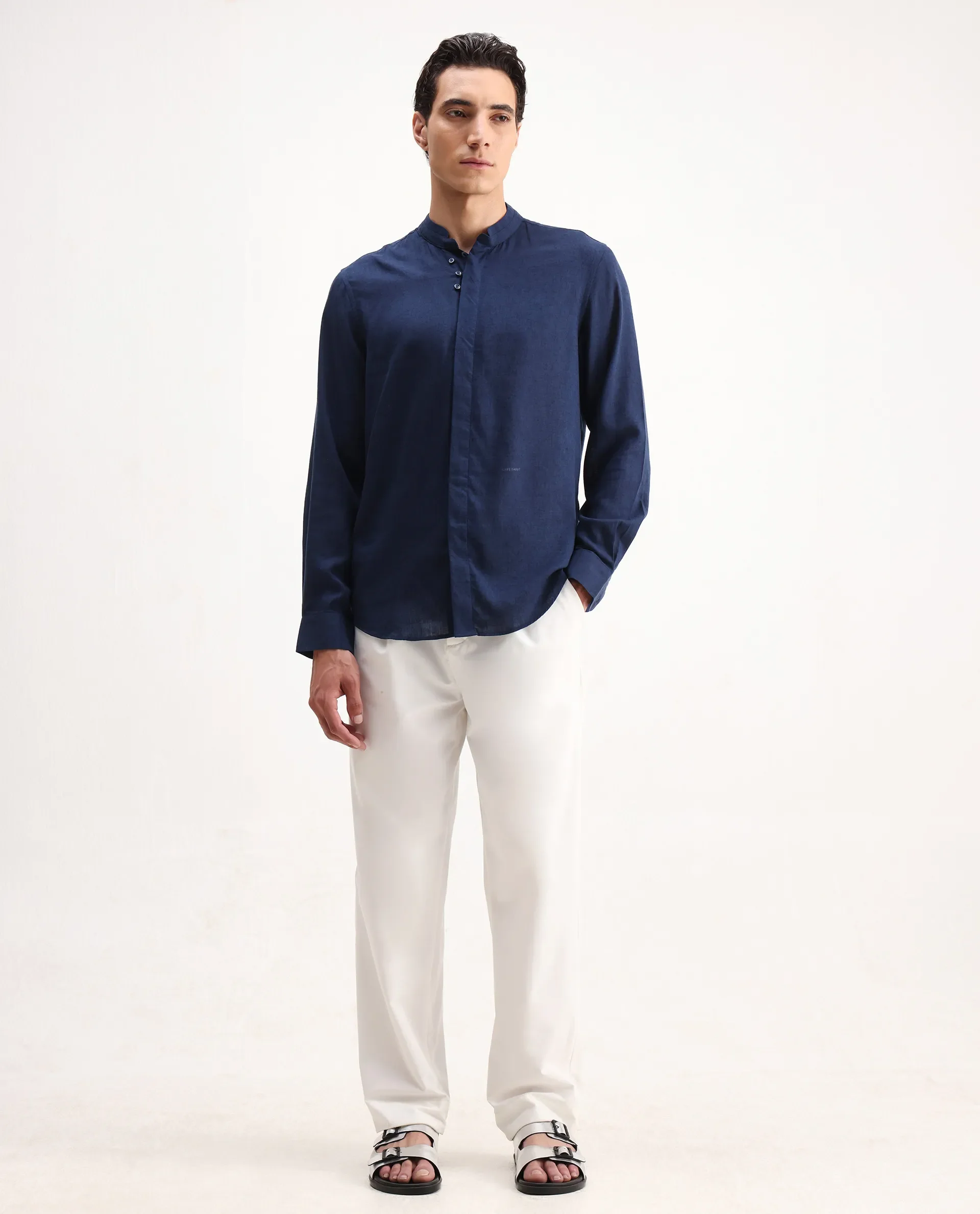 Rare Rabbit Men's Throne 25 Navy Lyocell Plain Regular Fit Full Sleeve Mandarin Collar Shirt - Image 2