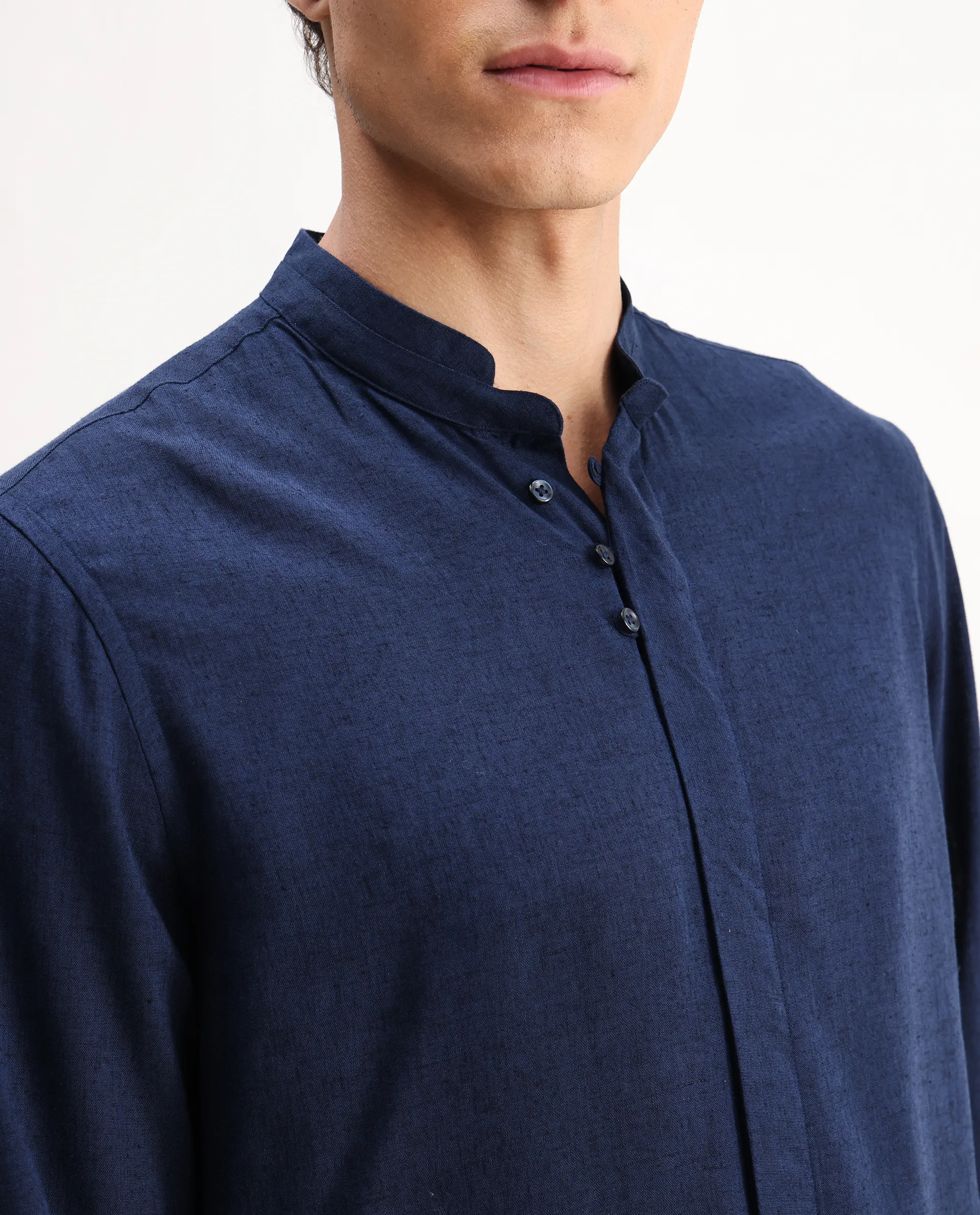 Rare Rabbit Men's Throne 25 Navy Lyocell Plain Regular Fit Full Sleeve Mandarin Collar Shirt - Image 3
