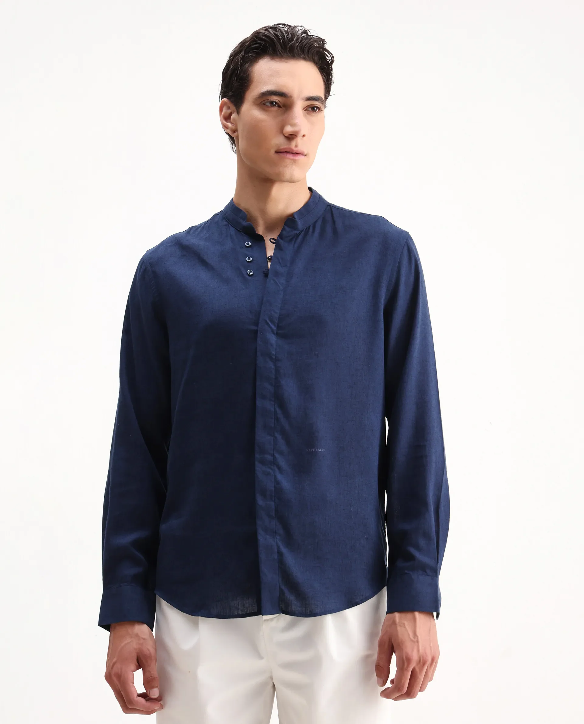 Rare Rabbit Men's Throne 25 Navy Lyocell Plain Regular Fit Full Sleeve Mandarin Collar Shirt - Image 4