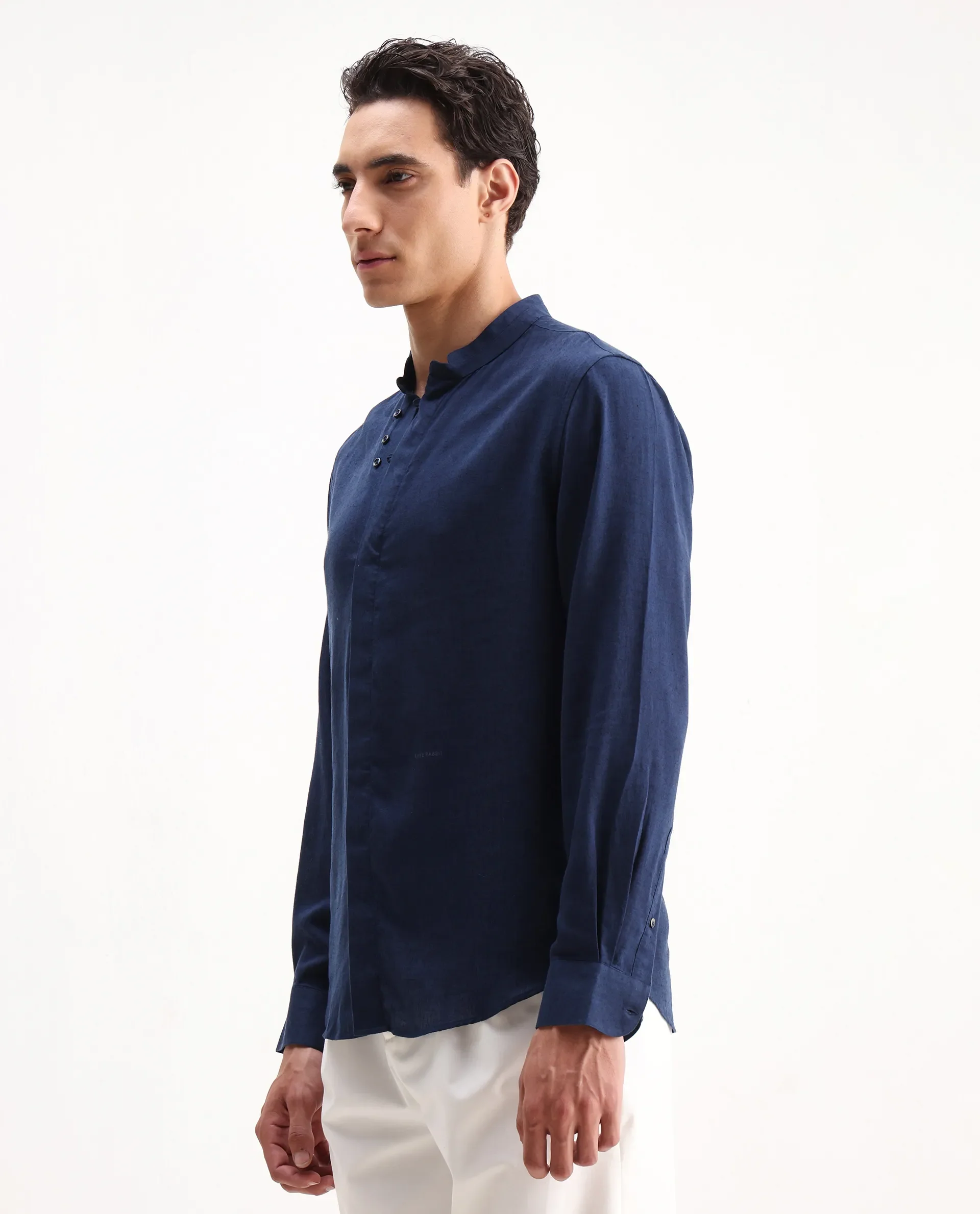 Rare Rabbit Men's Throne 25 Navy Lyocell Plain Regular Fit Full Sleeve Mandarin Collar Shirt - Image 5