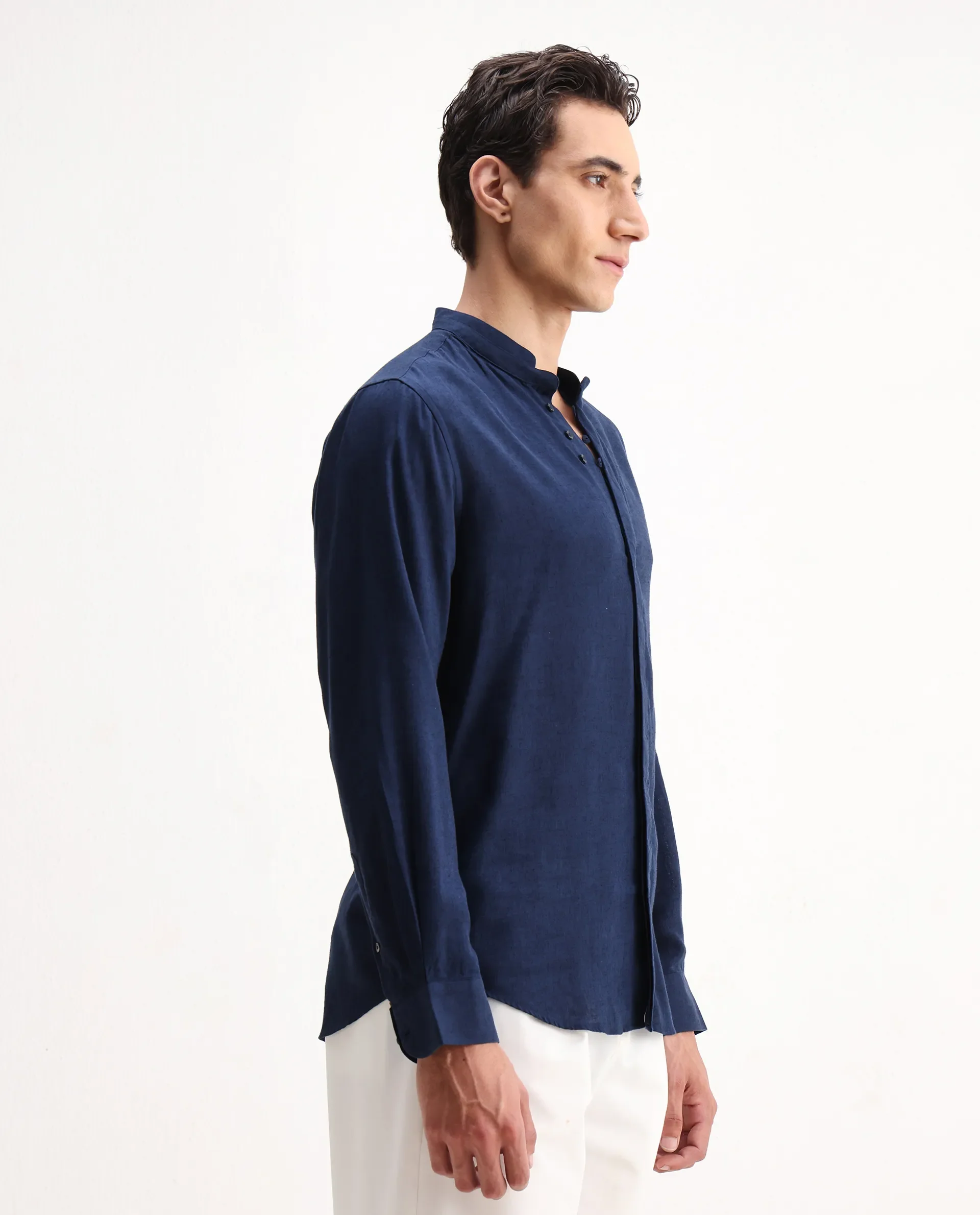 Rare Rabbit Men's Throne 25 Navy Lyocell Plain Regular Fit Full Sleeve Mandarin Collar Shirt - Image 6