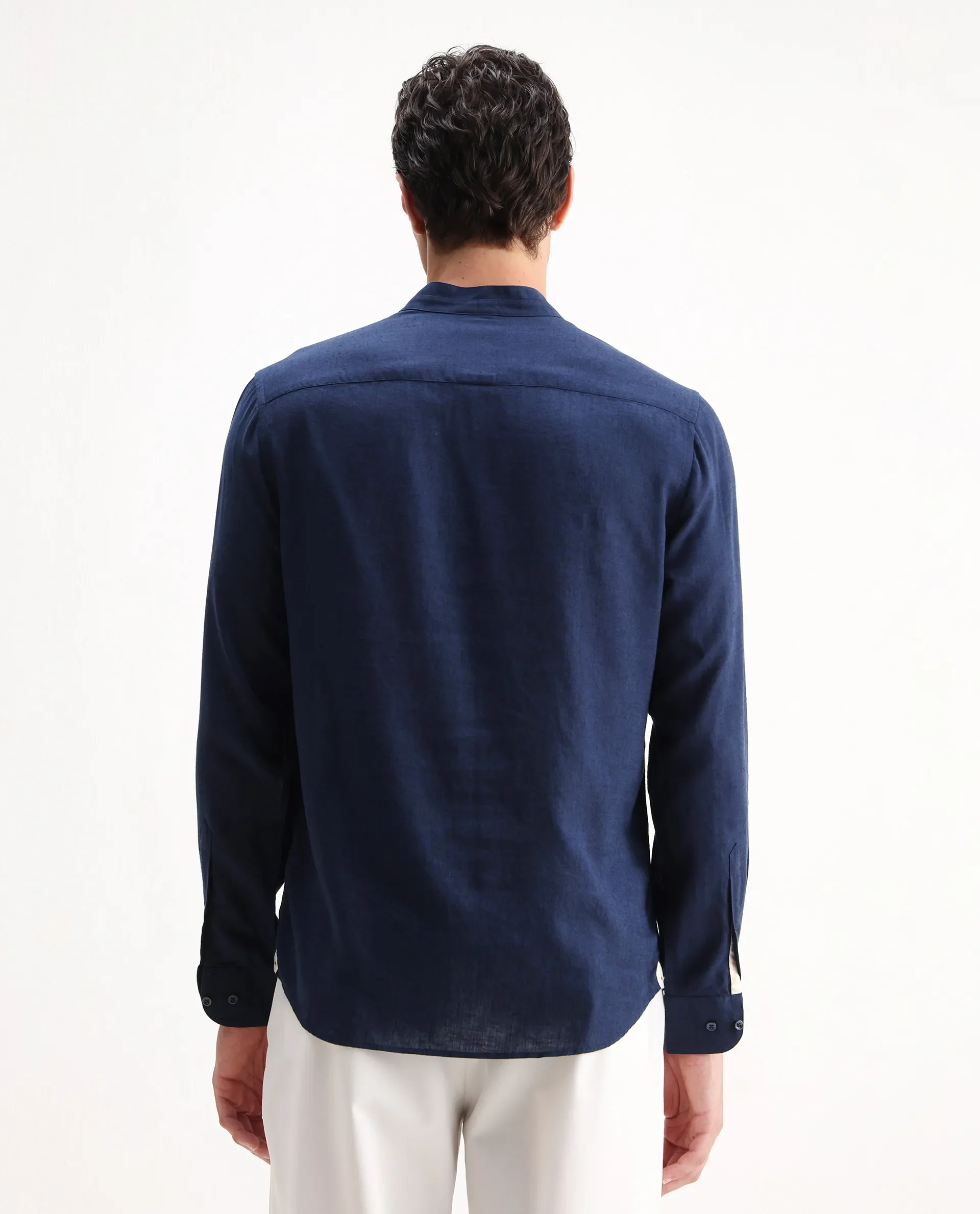 Rare Rabbit Men's Throne 25 Navy Lyocell Plain Regular Fit Full Sleeve Mandarin Collar Shirt - Image 7