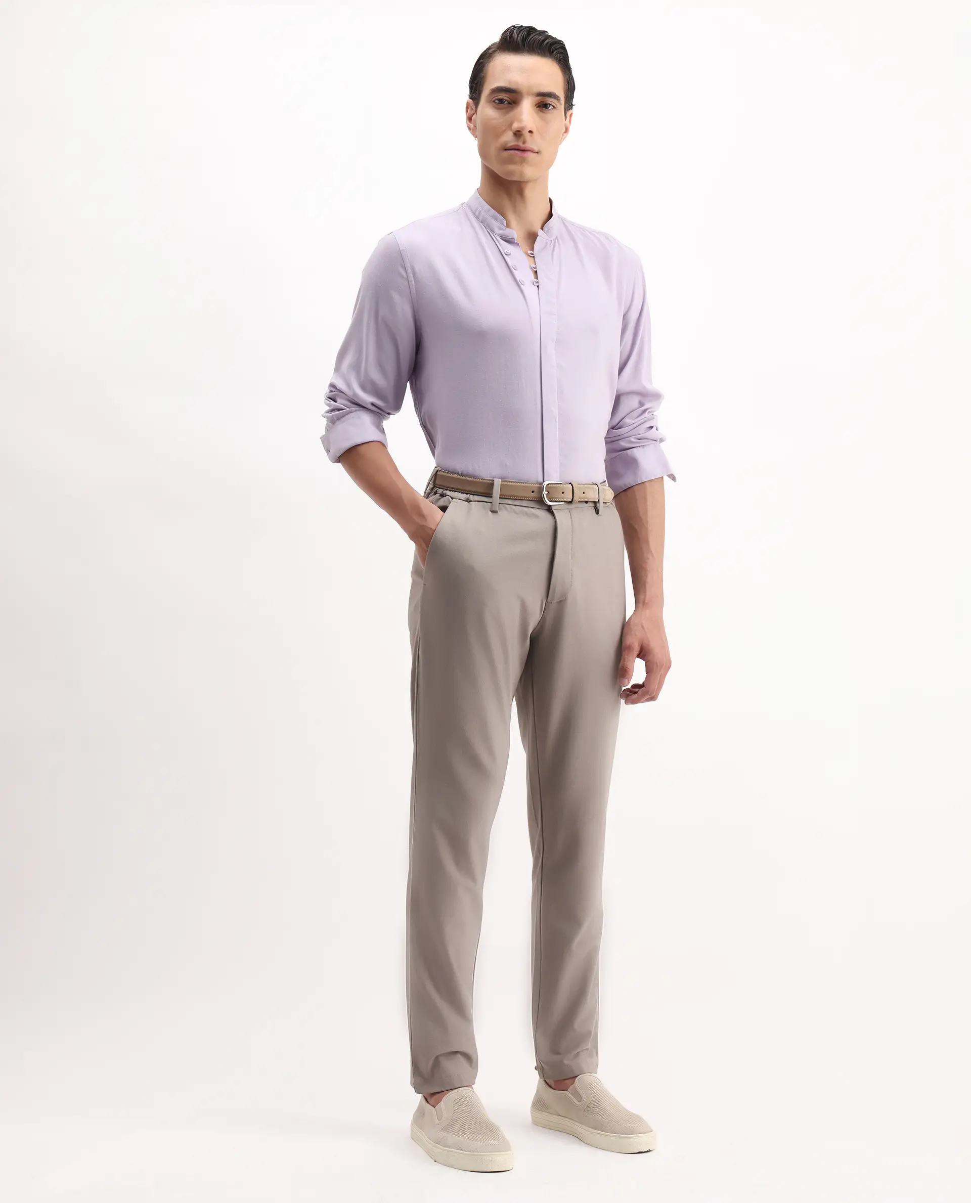 Rare Rabbit Men's Theone-25 Purple Lyocell Plain Regular Fit Full Sleeve Mandarin Collar Shirt - Image 2