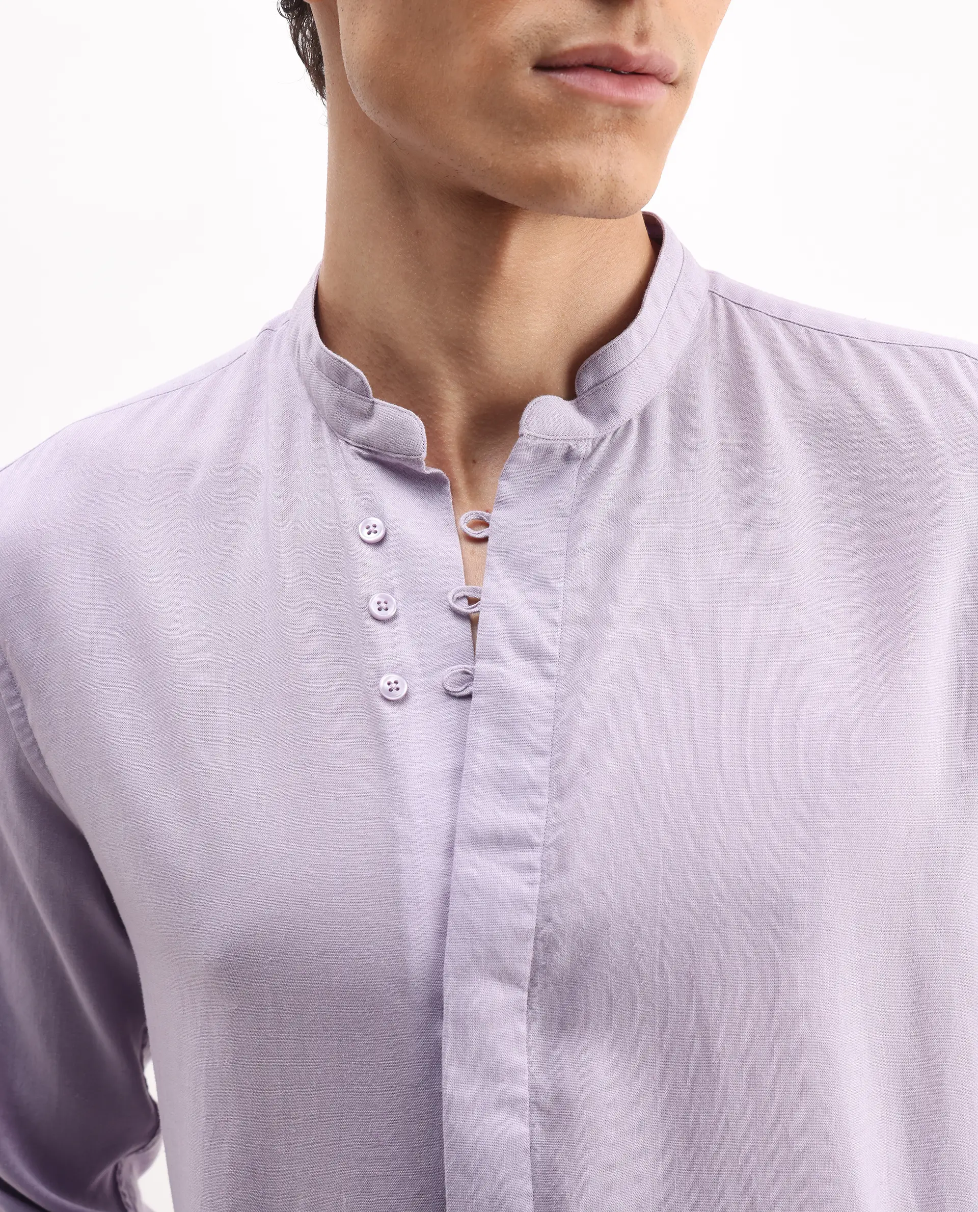 Rare Rabbit Men's Theone-25 Purple Lyocell Plain Regular Fit Full Sleeve Mandarin Collar Shirt - Image 3