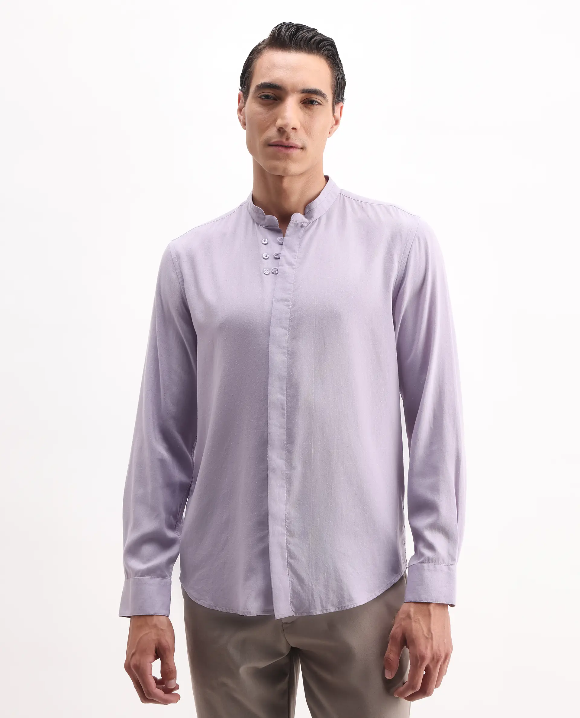Rare Rabbit Men's Theone-25 Purple Lyocell Plain Regular Fit Full Sleeve Mandarin Collar Shirt - Image 4
