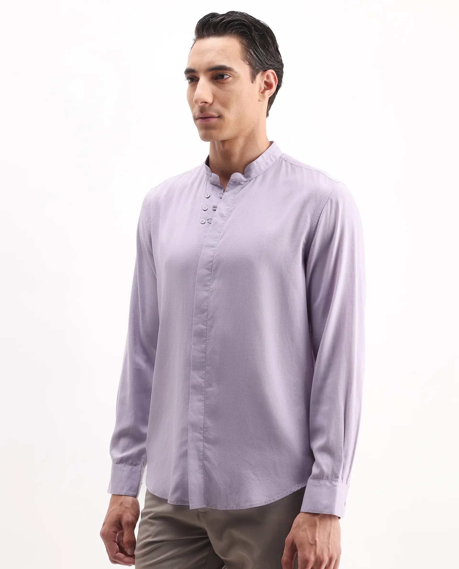 Rare Rabbit Men's Theone-25 Purple Lyocell Plain Regular Fit Full Sleeve Mandarin Collar Shirt - Image 5