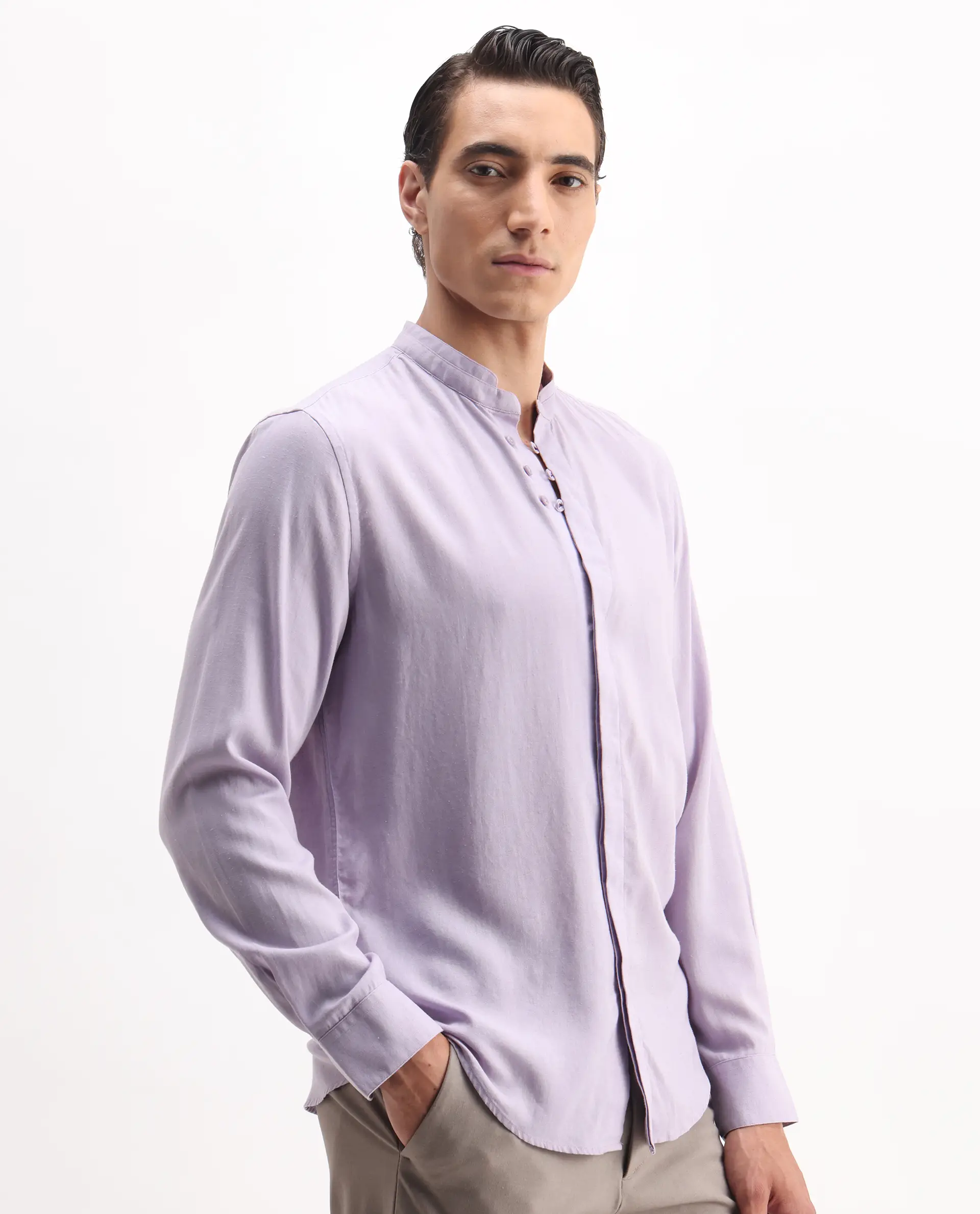 Rare Rabbit Men's Theone-25 Purple Lyocell Plain Regular Fit Full Sleeve Mandarin Collar Shirt - Image 6