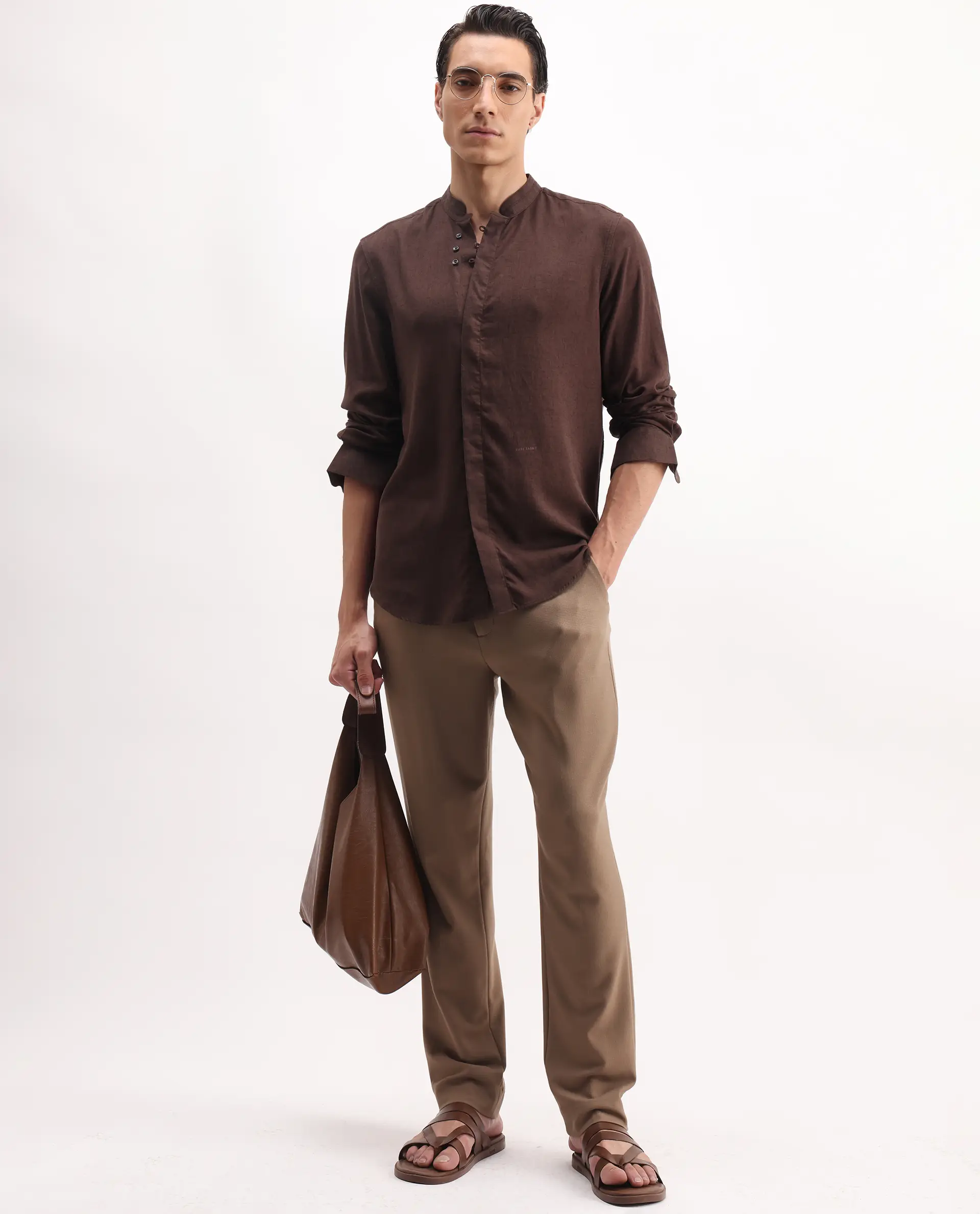 Rare Rabbit Men's Throne Ls 25 Dark Brown Linen Blend Plain Regular Fit Full Sleeve Mandarin Collar Shirt - Image 2