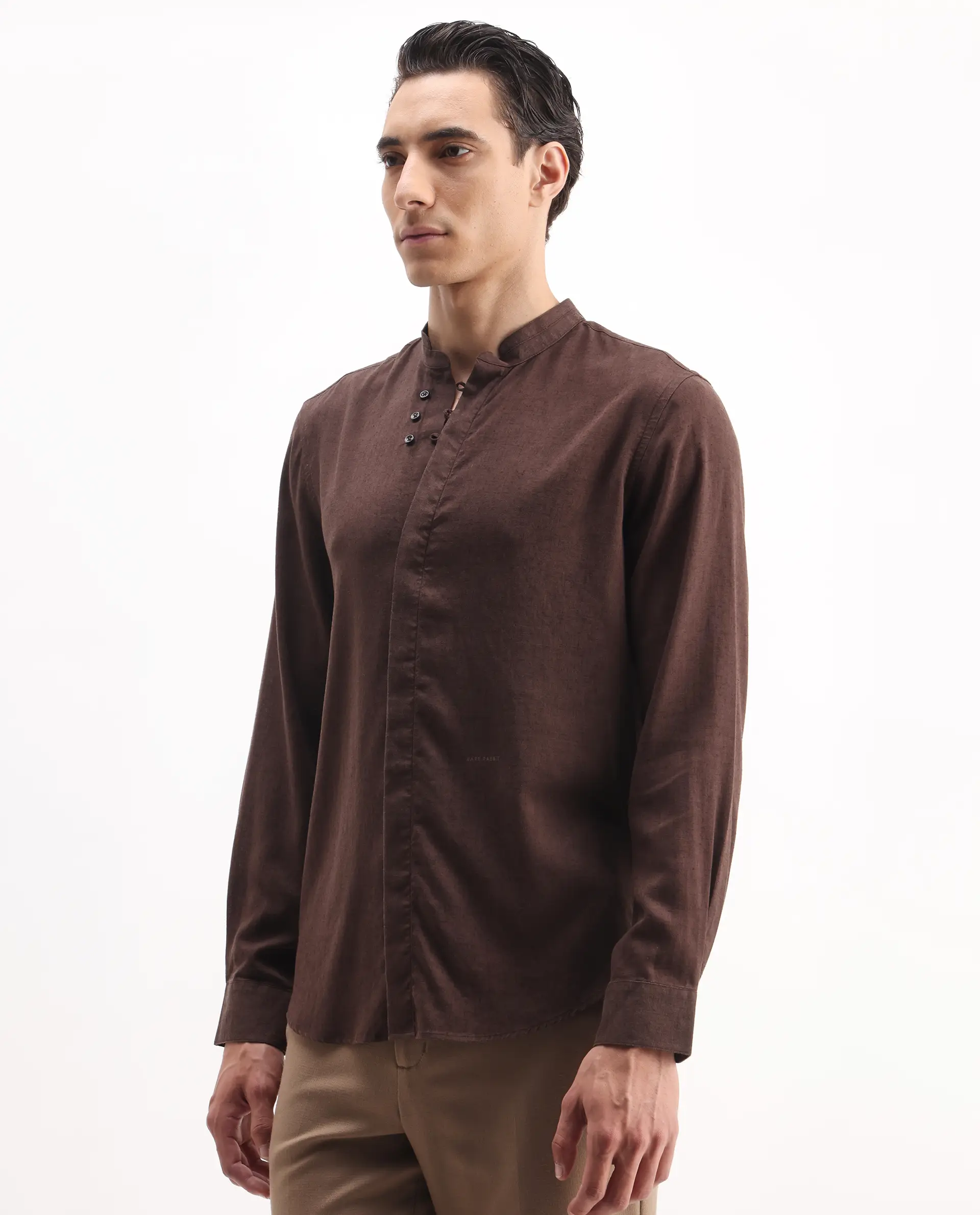 Rare Rabbit Men's Throne Ls 25 Dark Brown Linen Blend Plain Regular Fit Full Sleeve Mandarin Collar Shirt - Image 3