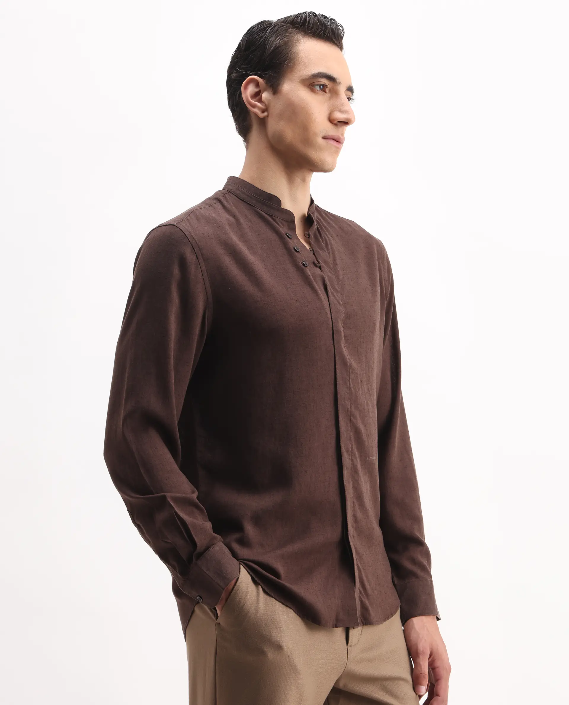 Rare Rabbit Men's Throne Ls 25 Dark Brown Linen Blend Plain Regular Fit Full Sleeve Mandarin Collar Shirt - Image 4