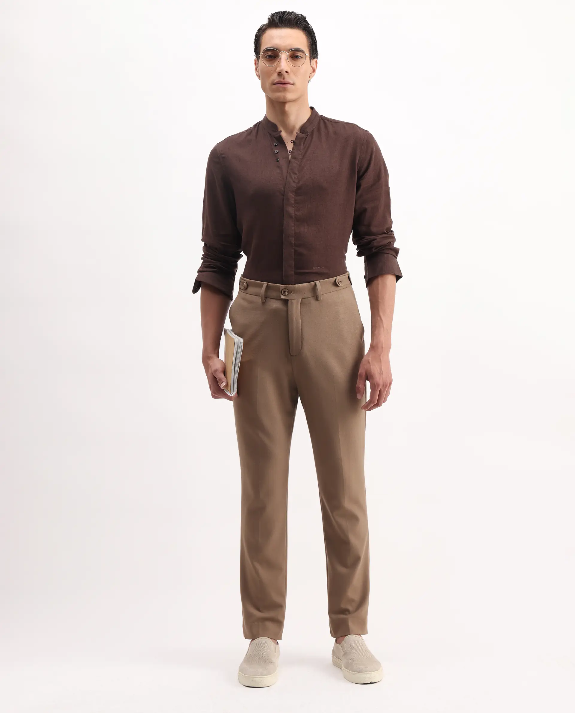 Rare Rabbit Men's Throne Ls 25 Dark Brown Linen Blend Plain Regular Fit Full Sleeve Mandarin Collar Shirt - Image 5