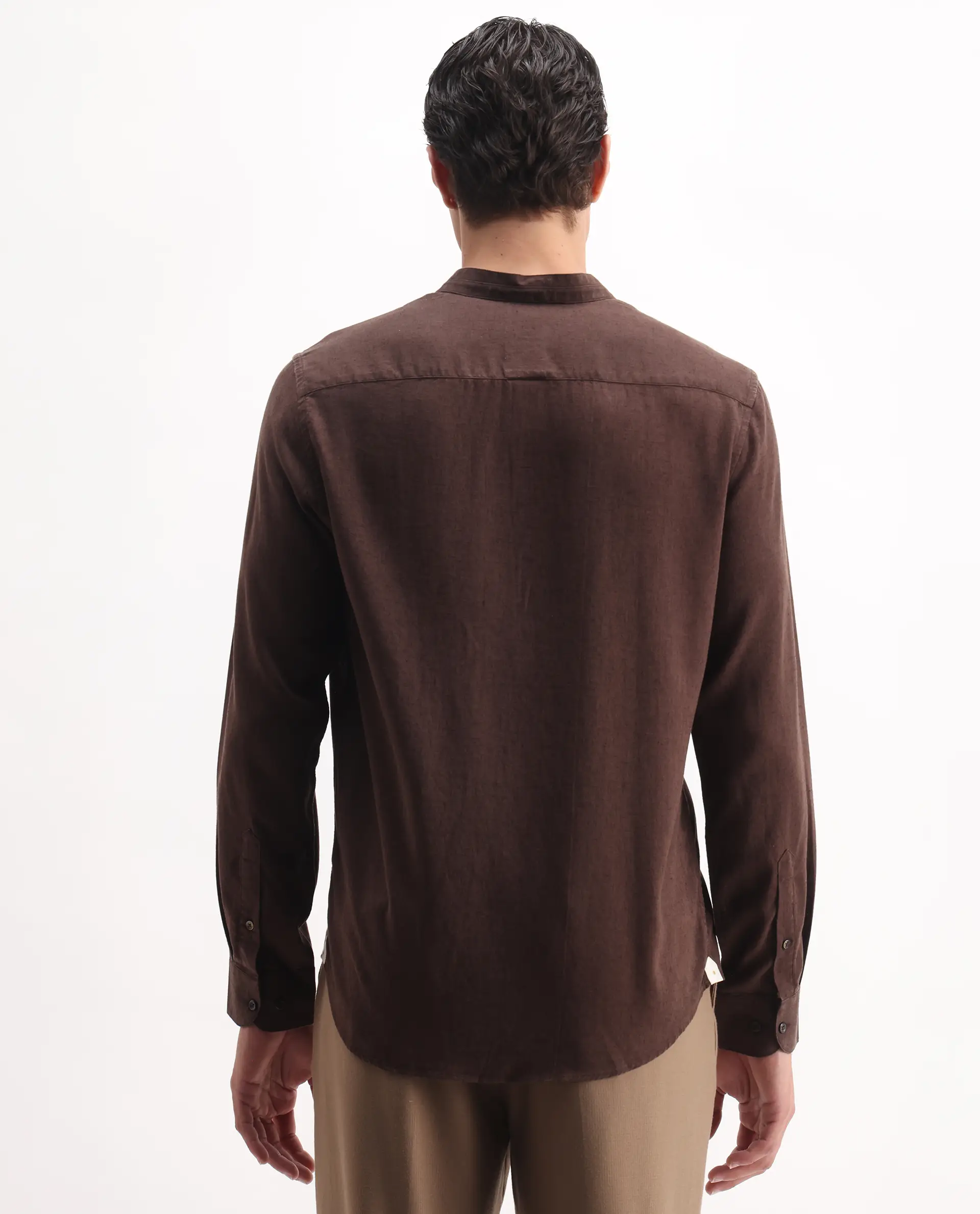 Rare Rabbit Men's Throne Ls 25 Dark Brown Linen Blend Plain Regular Fit Full Sleeve Mandarin Collar Shirt - Image 6