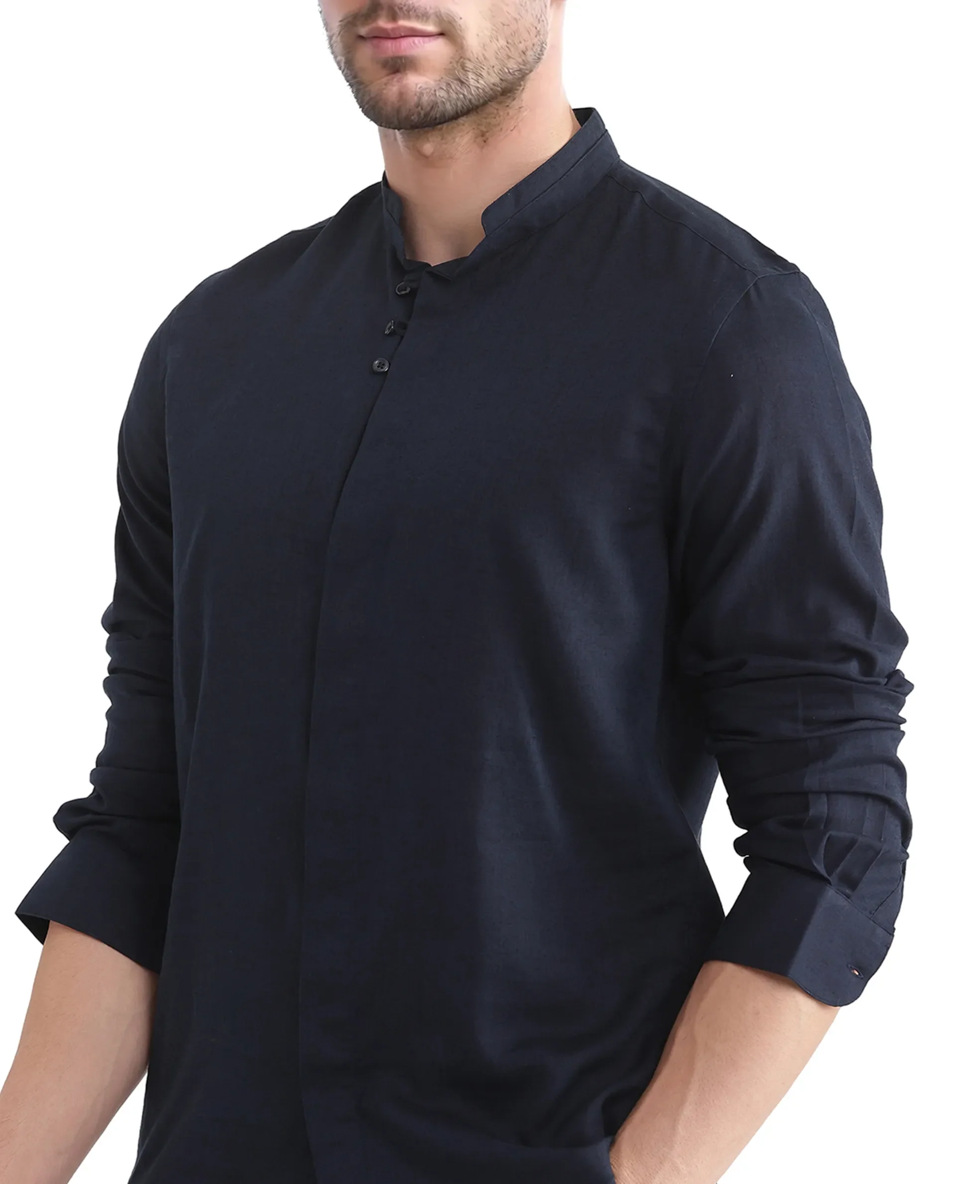 Rare Rabbit Men's Throne Ls-25 Navy Linen Blend Plain Regular Fit Full Sleeve Mandarin Collar Shirt - Image 2