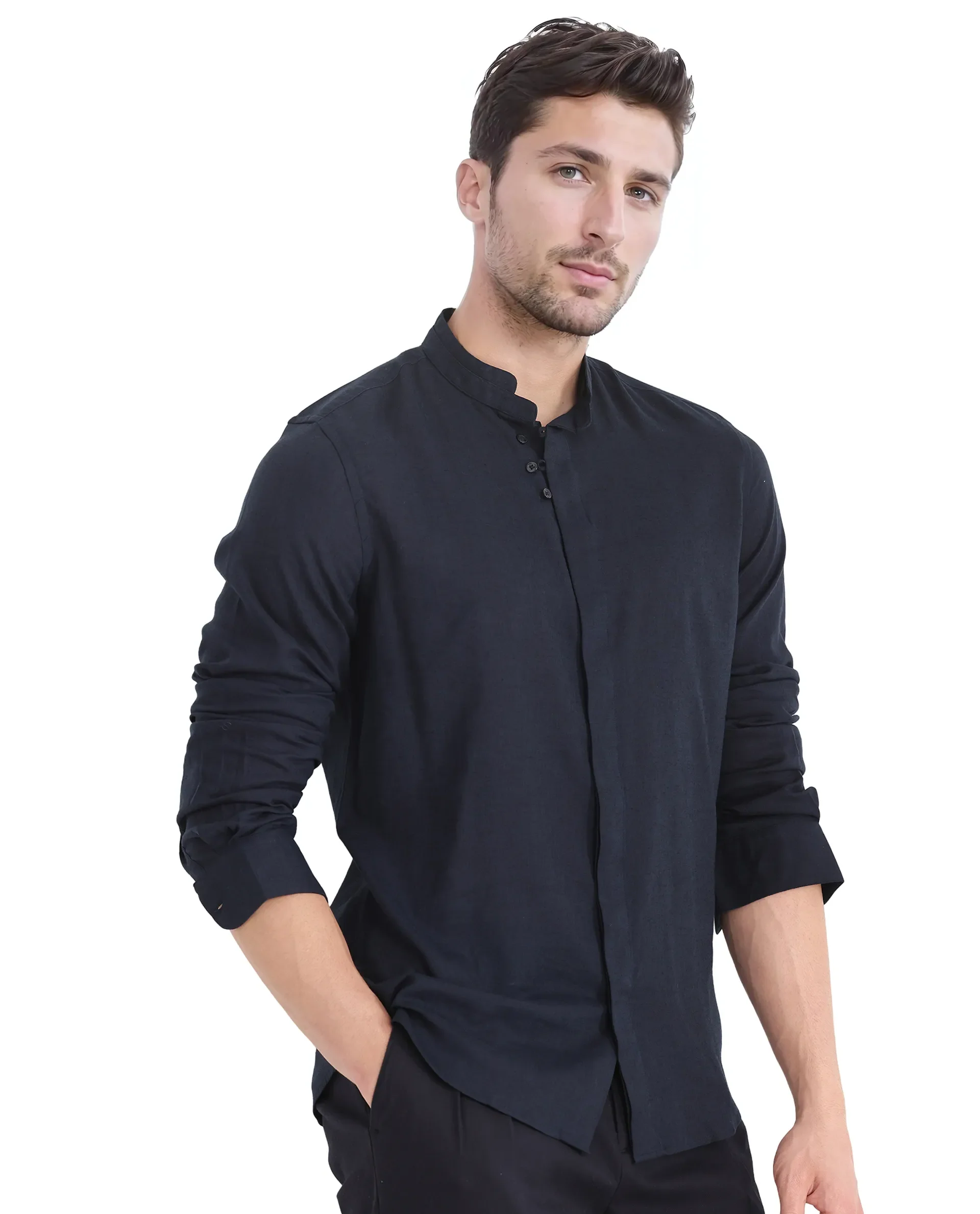 Rare Rabbit Men's Throne Ls-25 Navy Linen Blend Plain Regular Fit Full Sleeve Mandarin Collar Shirt - Image 3