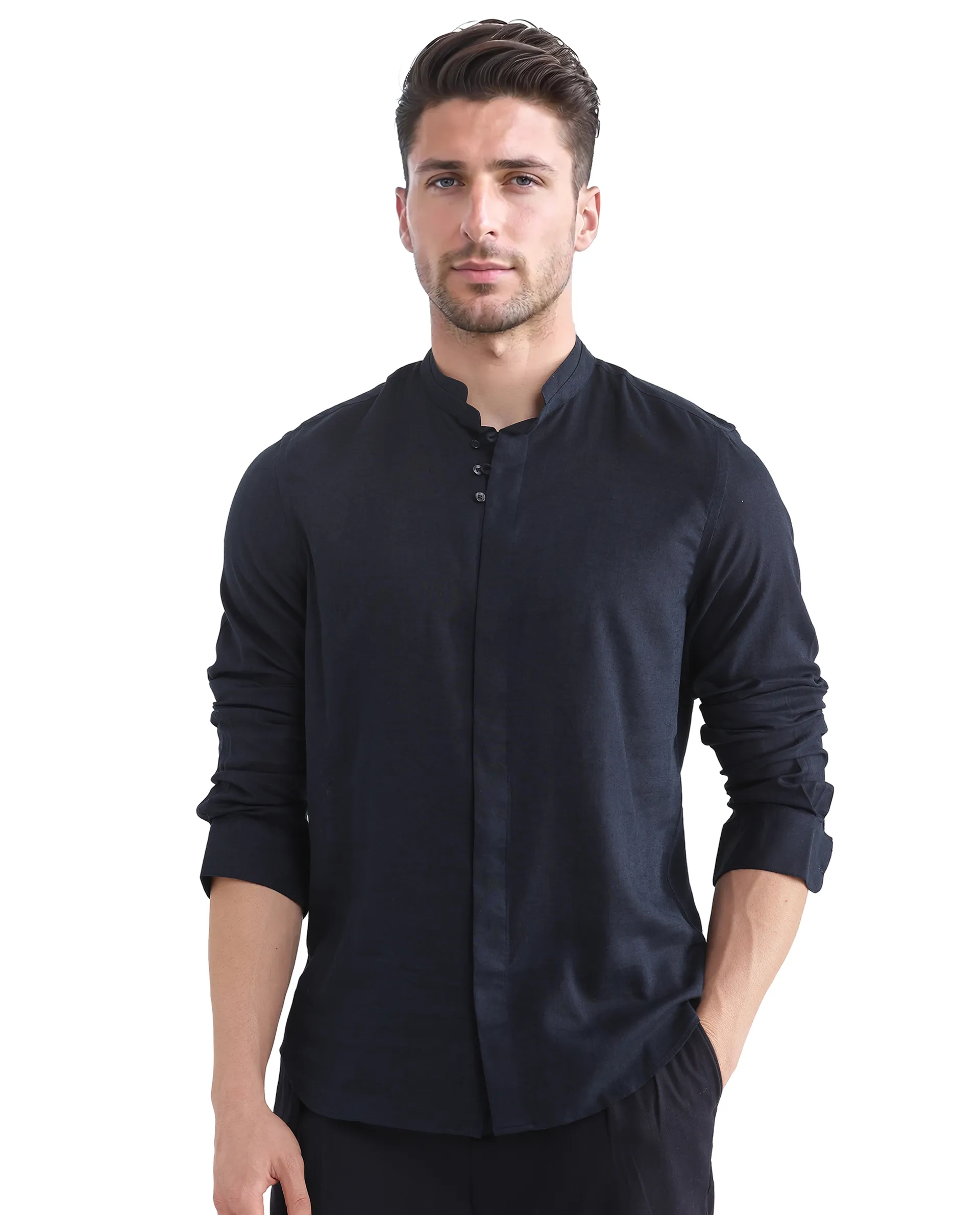 Rare Rabbit Men's Throne Ls-25 Navy Linen Blend Plain Regular Fit Full Sleeve Mandarin Collar Shirt - Image 4
