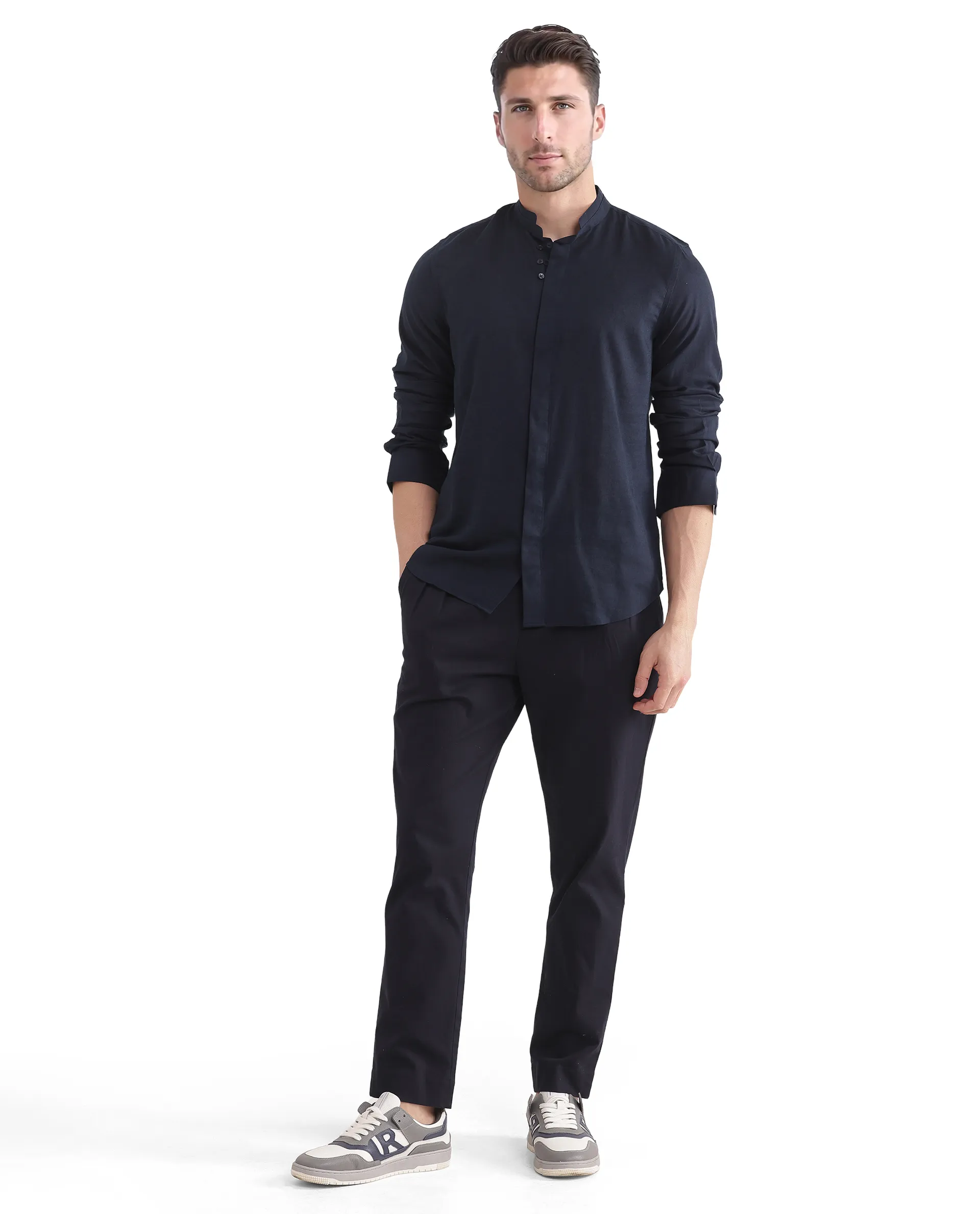 Rare Rabbit Men's Throne Ls-25 Navy Linen Blend Plain Regular Fit Full Sleeve Mandarin Collar Shirt - Image 5
