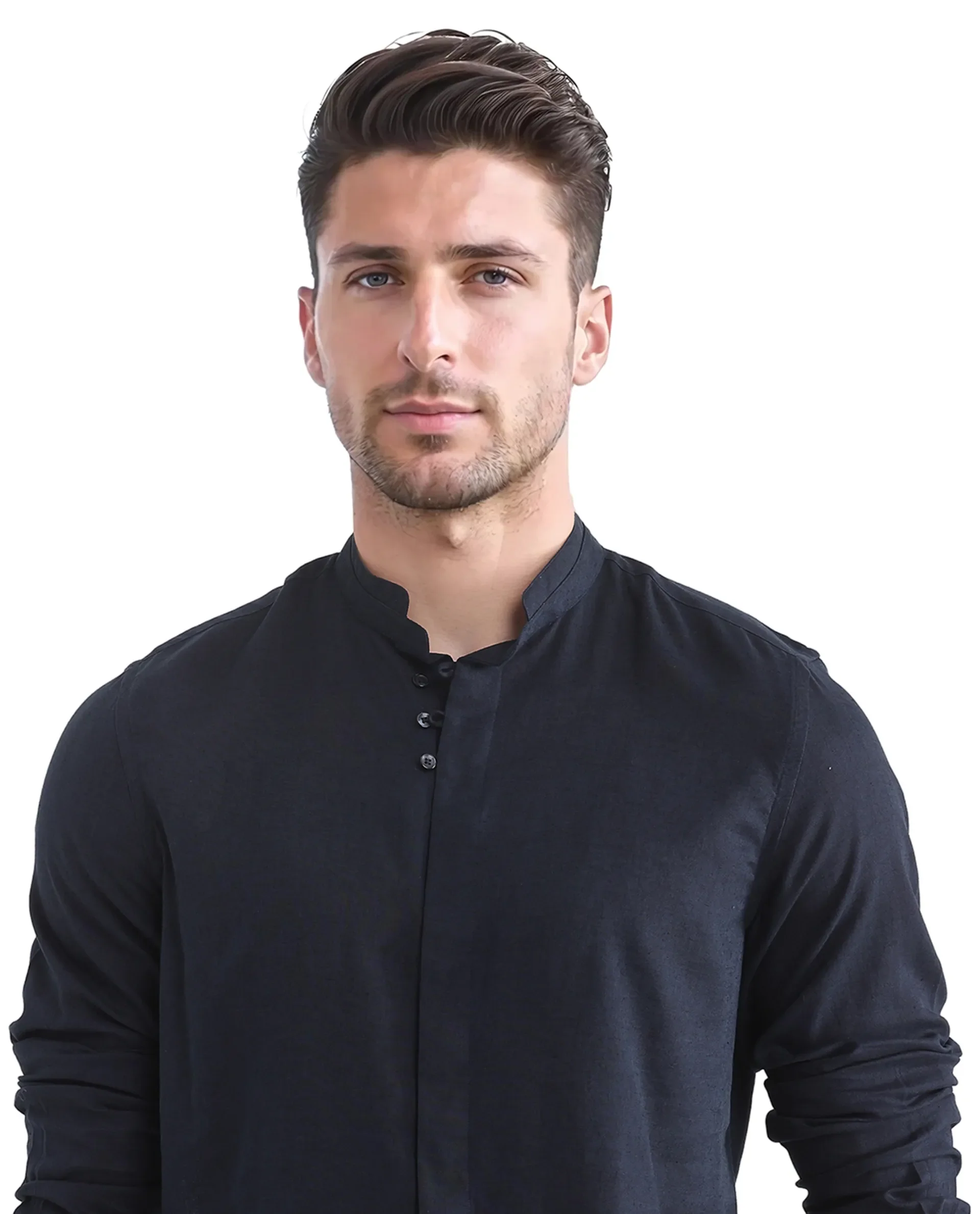 Rare Rabbit Men's Throne Ls-25 Navy Linen Blend Plain Regular Fit Full Sleeve Mandarin Collar Shirt - Image 6