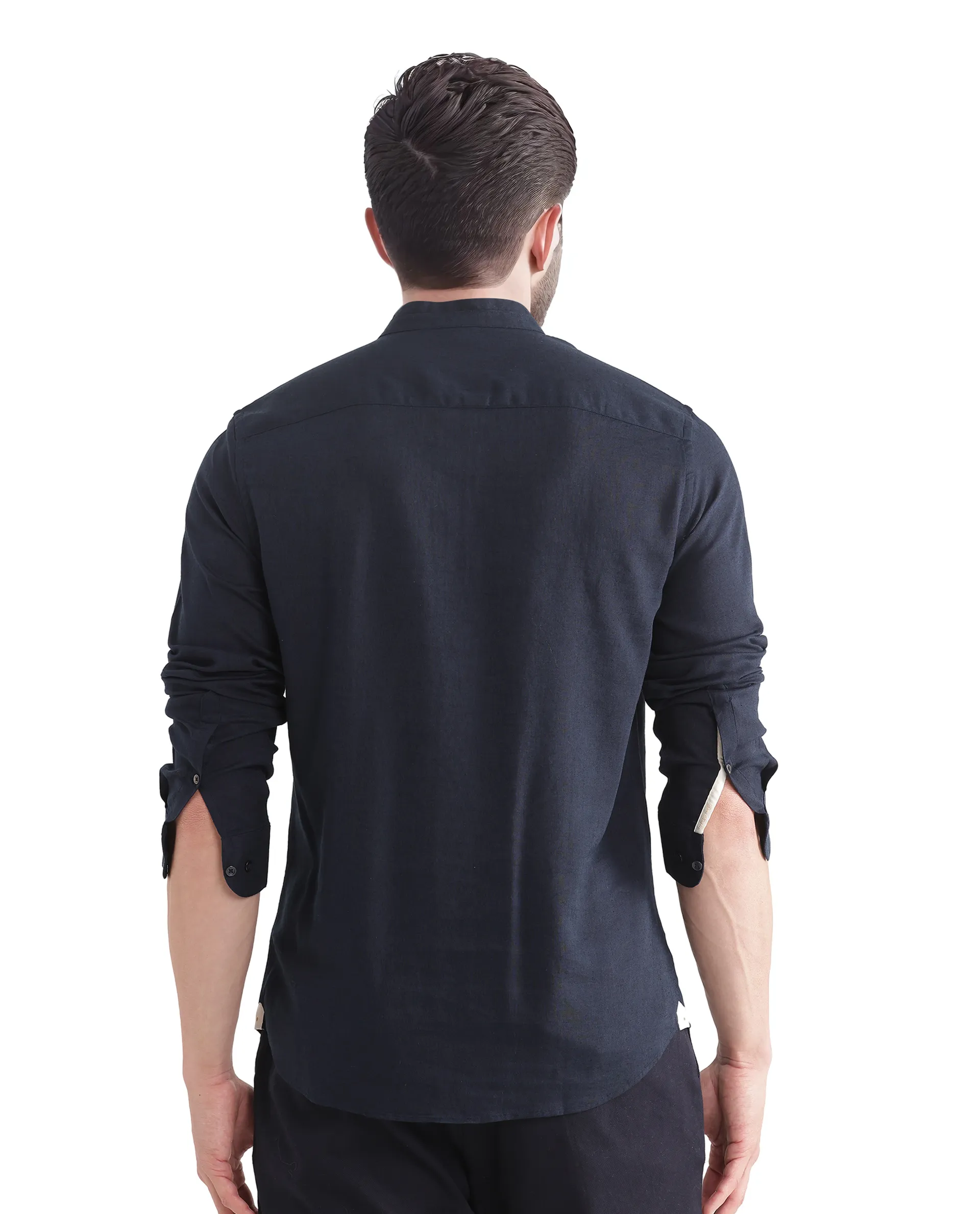 Rare Rabbit Men's Throne Ls-25 Navy Linen Blend Plain Regular Fit Full Sleeve Mandarin Collar Shirt - Image 7