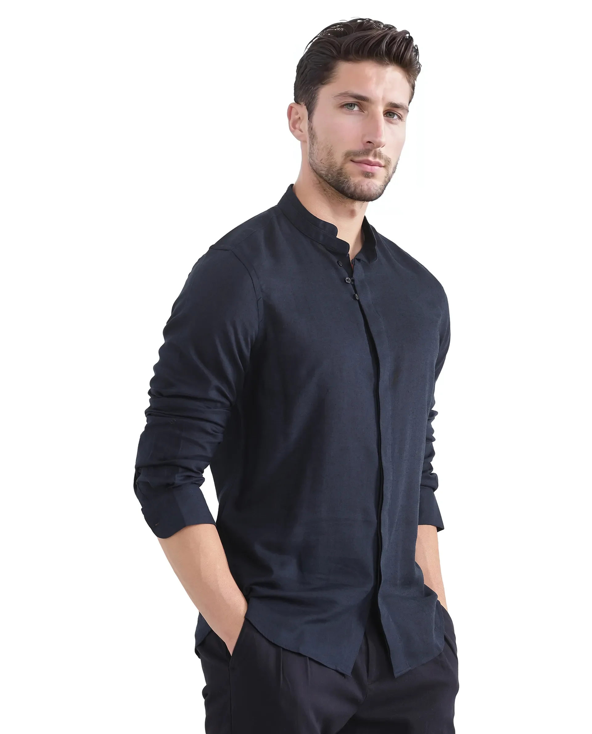 Rare Rabbit Men's Throne Ls-25 Navy Linen Blend Plain Regular Fit Full Sleeve Mandarin Collar Shirt - Image 8