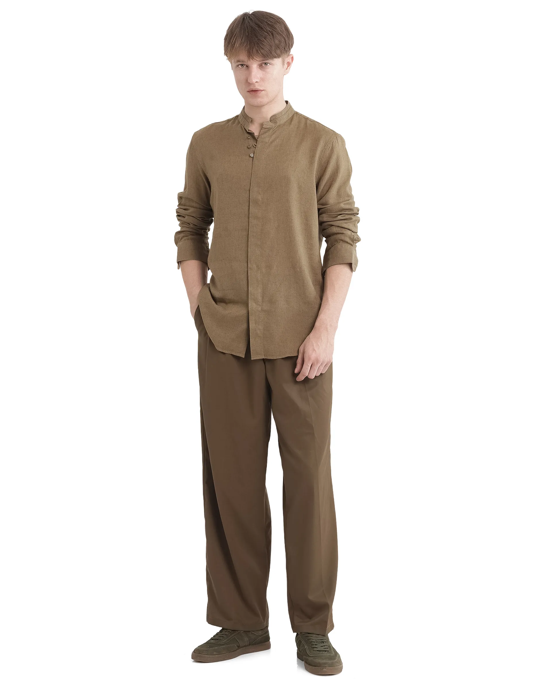 Rare Rabbit Men's Throne Ls-25 Olive Linen Blend Plain Regular Fit Full Sleeve Mandarin Collar Shirt - Image 2