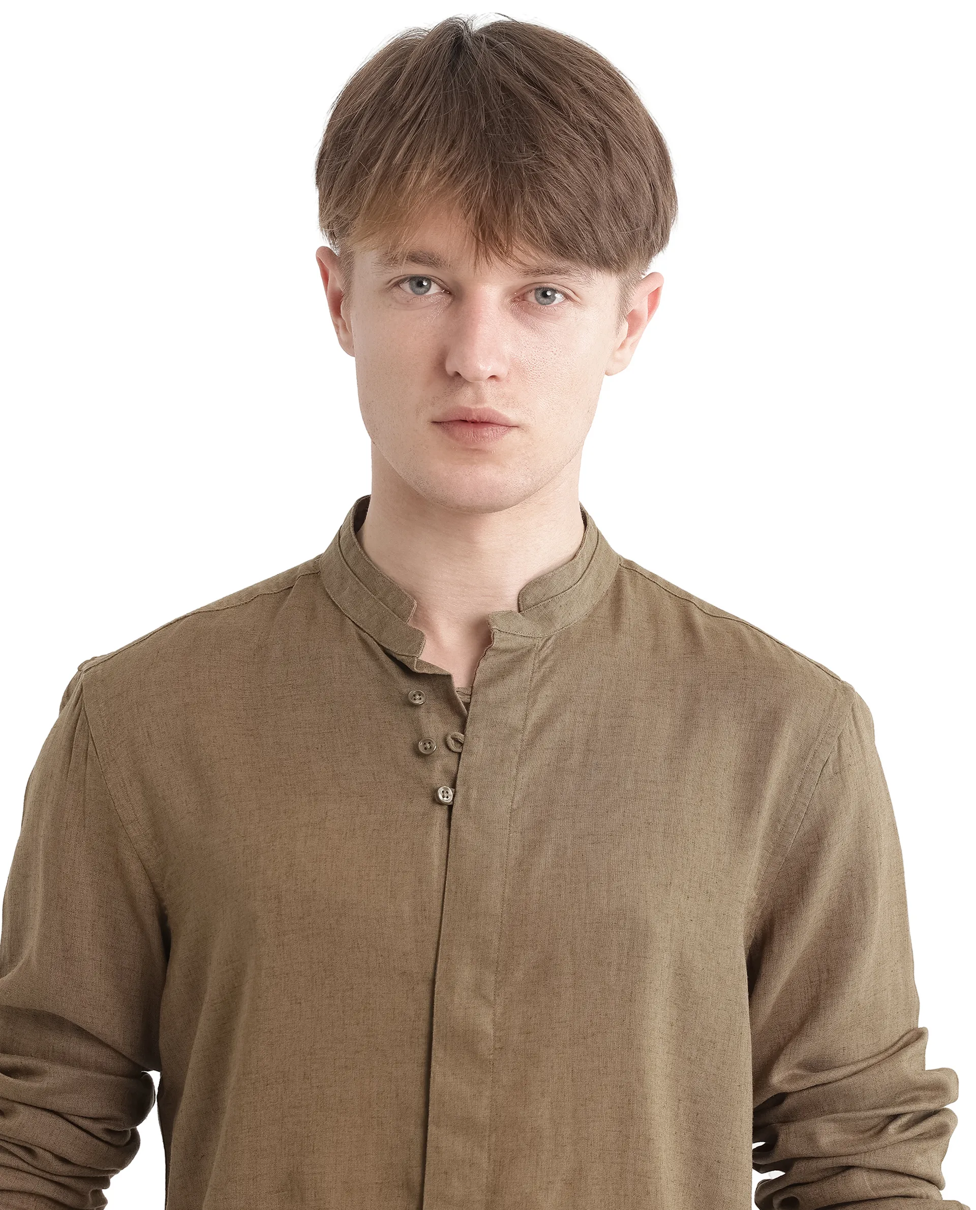 Rare Rabbit Men's Throne Ls-25 Olive Linen Blend Plain Regular Fit Full Sleeve Mandarin Collar Shirt - Image 3