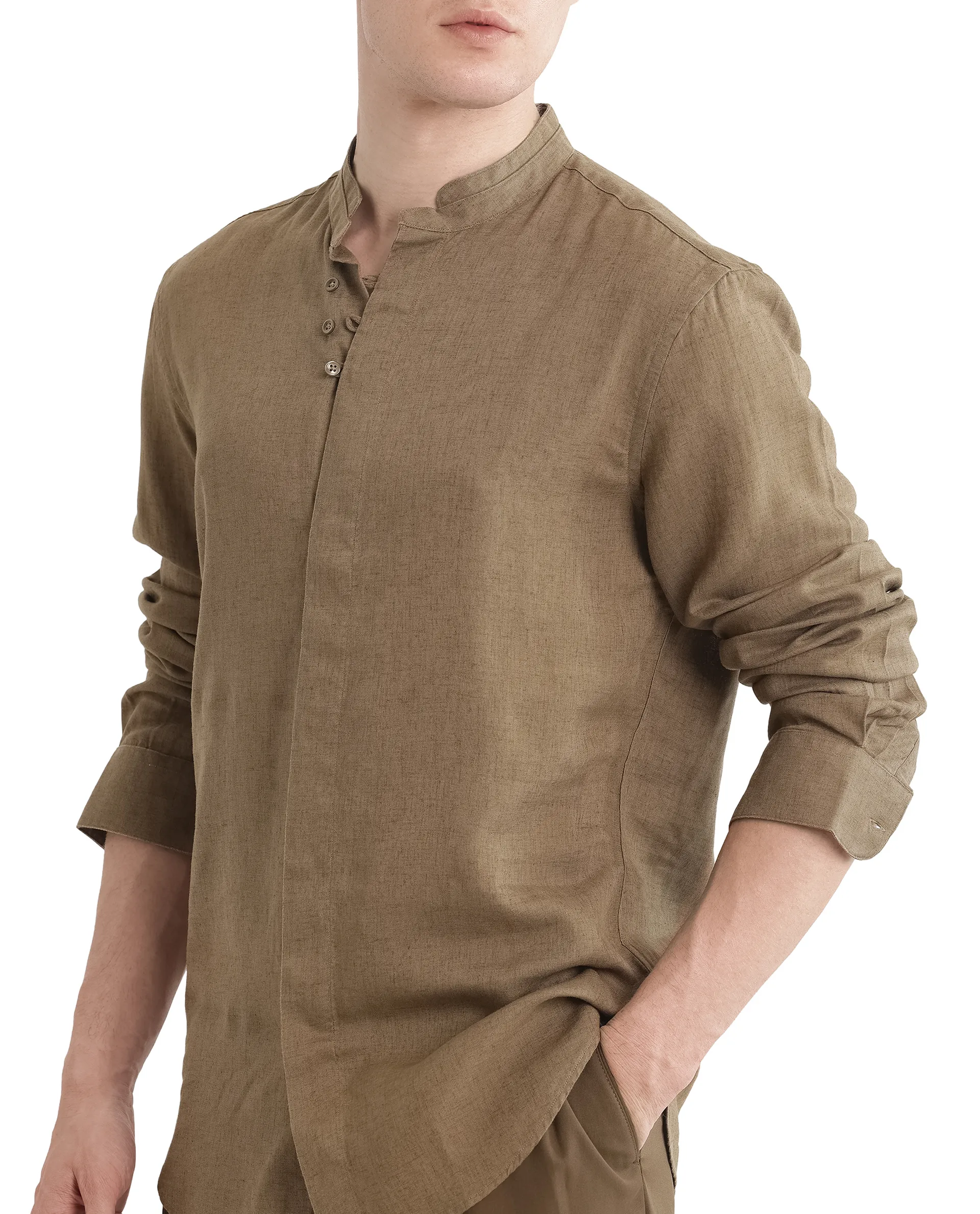 Rare Rabbit Men's Throne Ls-25 Olive Linen Blend Plain Regular Fit Full Sleeve Mandarin Collar Shirt - Image 4