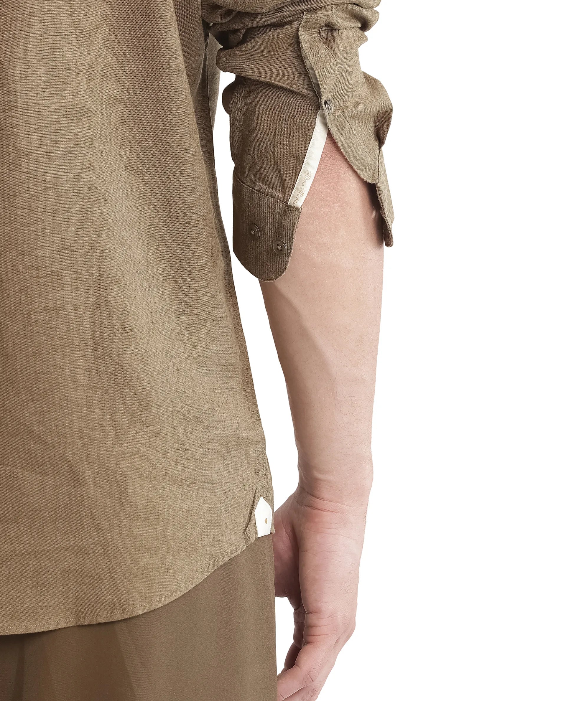 Rare Rabbit Men's Throne Ls-25 Olive Linen Blend Plain Regular Fit Full Sleeve Mandarin Collar Shirt - Image 5
