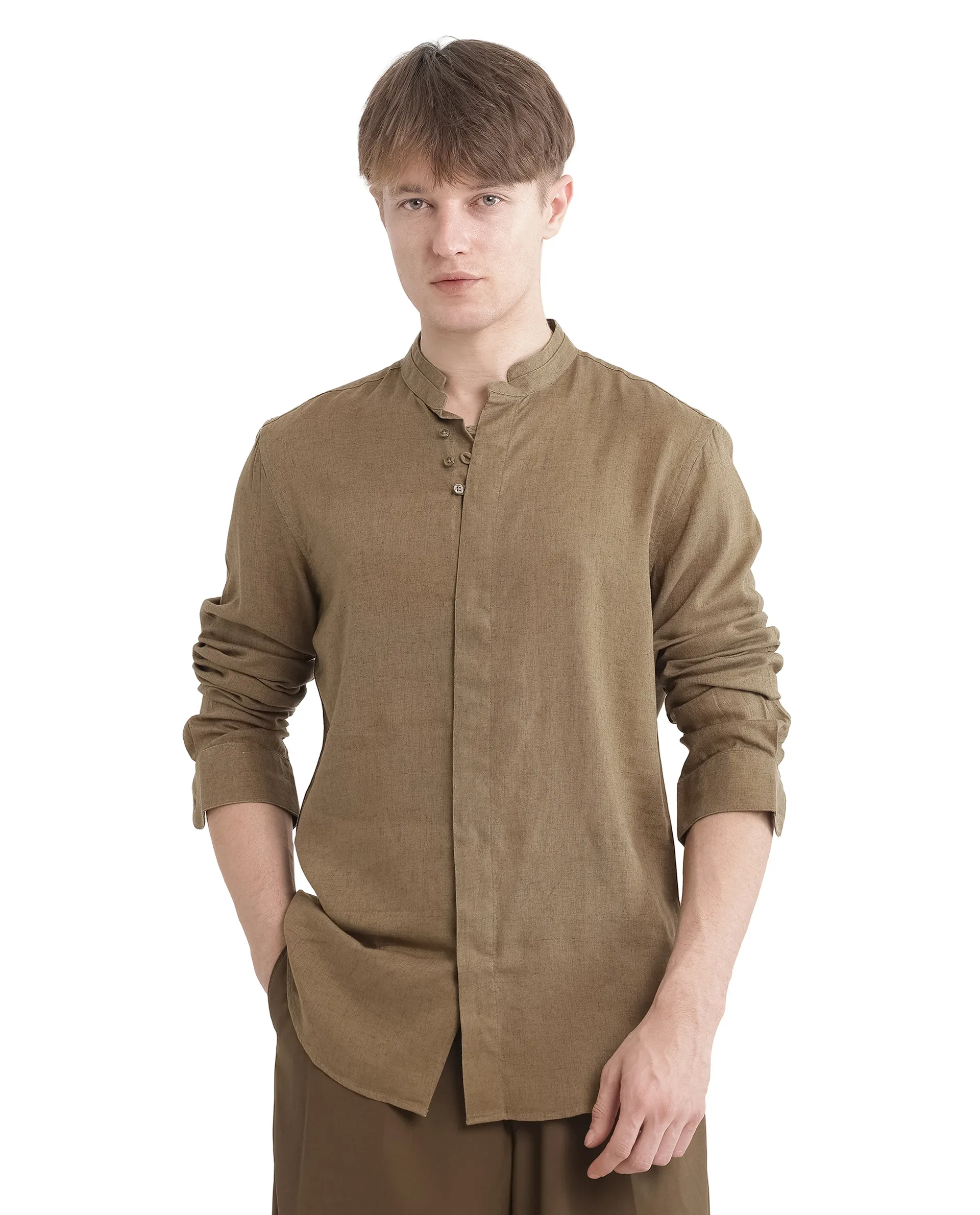 Rare Rabbit Men's Throne Ls-25 Olive Linen Blend Plain Regular Fit Full Sleeve Mandarin Collar Shirt - Image 6