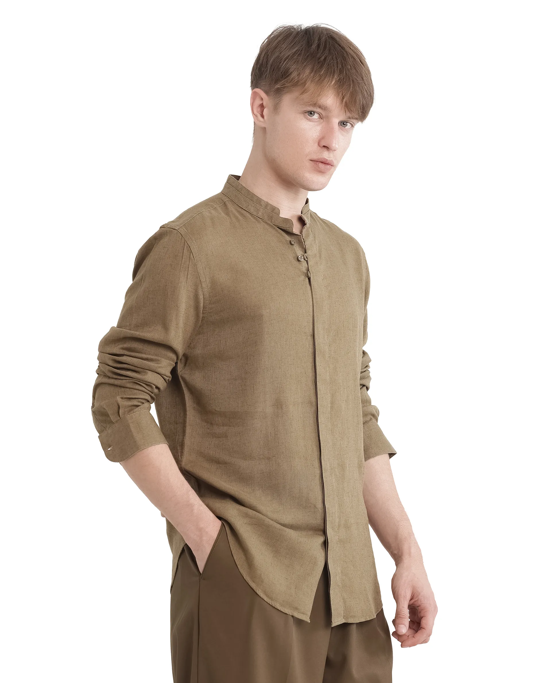 Rare Rabbit Men's Throne Ls-25 Olive Linen Blend Plain Regular Fit Full Sleeve Mandarin Collar Shirt - Image 7