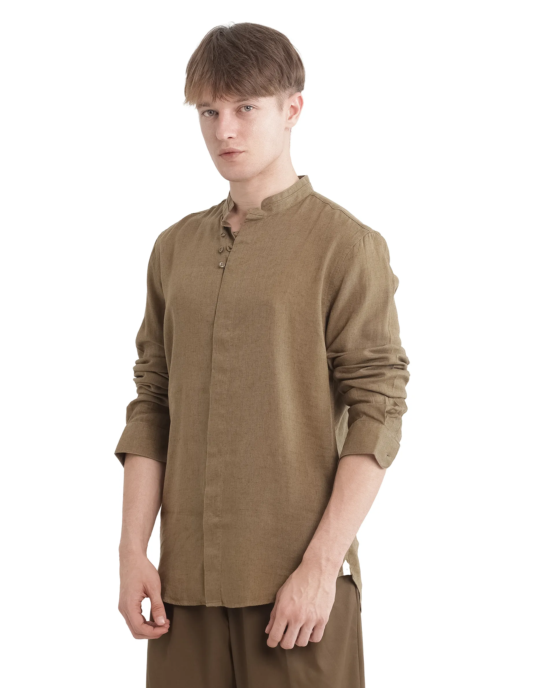 Rare Rabbit Men's Throne Ls-25 Olive Linen Blend Plain Regular Fit Full Sleeve Mandarin Collar Shirt - Image 8