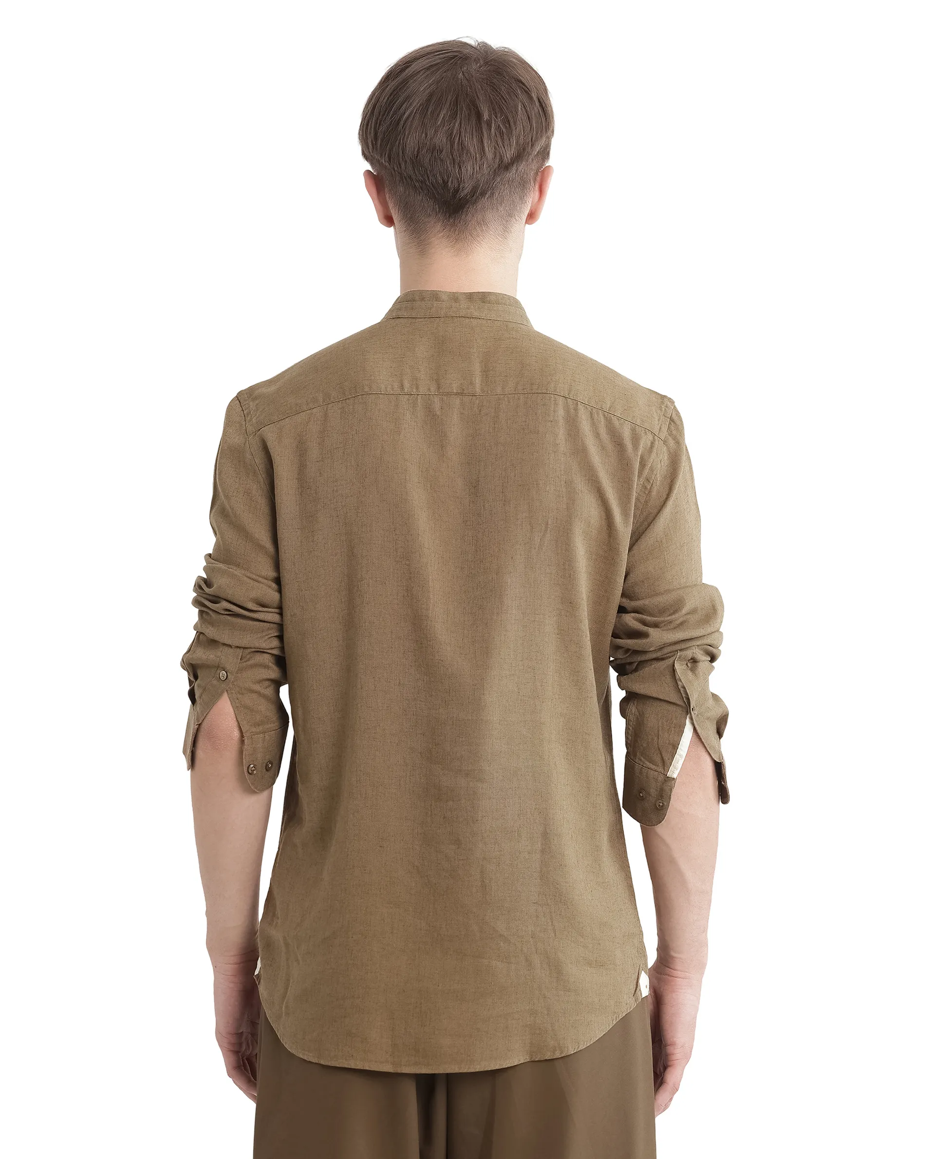 Rare Rabbit Men's Throne Ls-25 Olive Linen Blend Plain Regular Fit Full Sleeve Mandarin Collar Shirt - Image 9