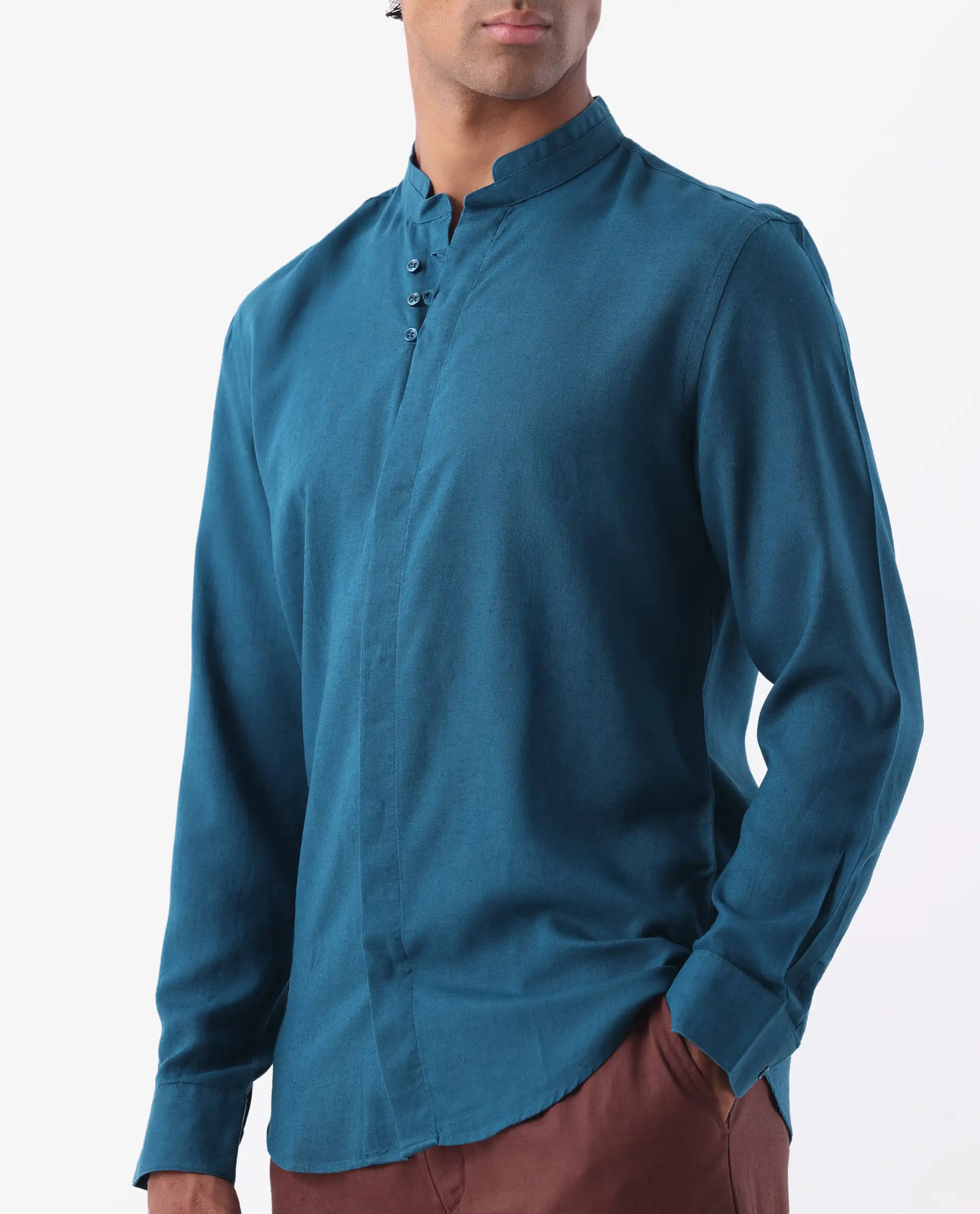 Rare Rabbit Men's Throne Ls-25 Teal Linen Blend Plain Regular Fit Full Sleeve Mandarin Collar Shirt - Image 3