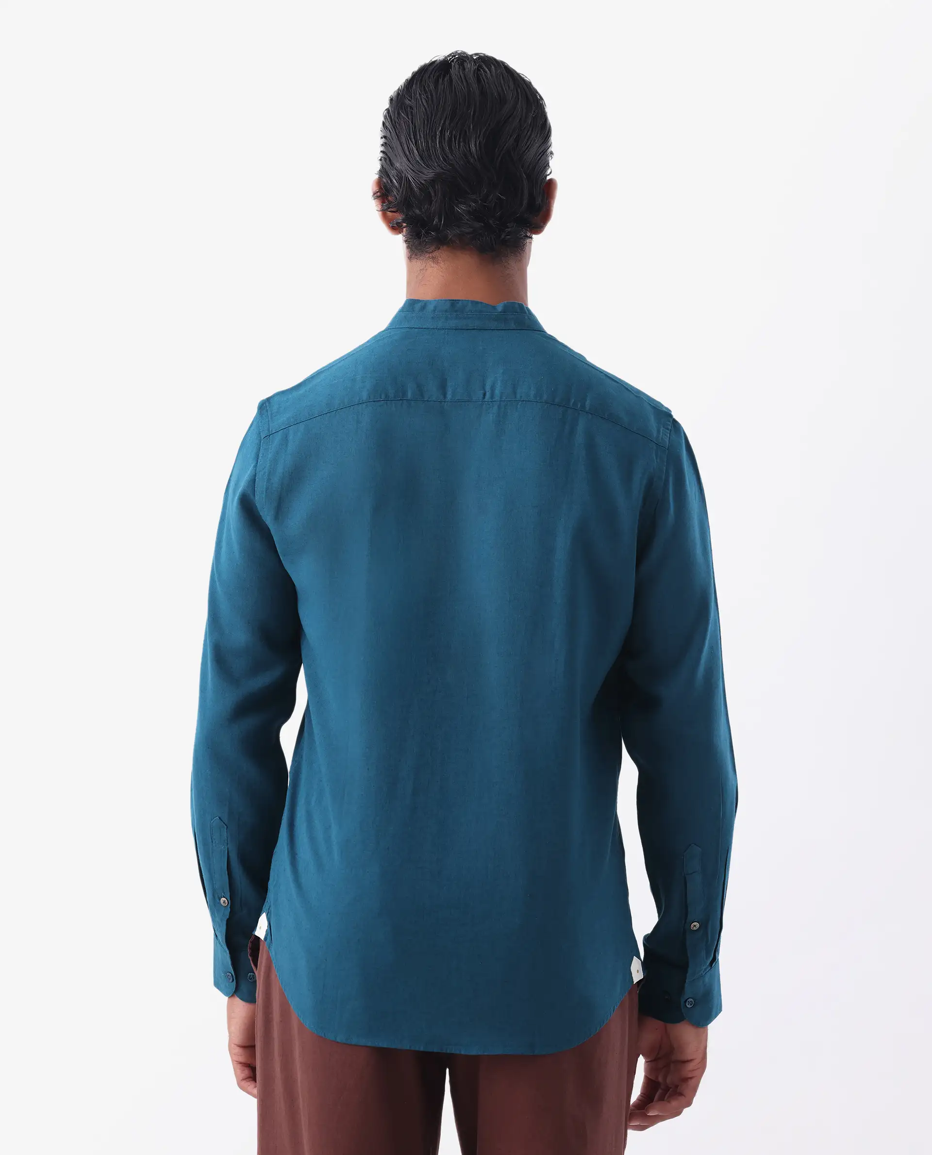 Rare Rabbit Men's Throne Ls-25 Teal Linen Blend Plain Regular Fit Full Sleeve Mandarin Collar Shirt - Image 4