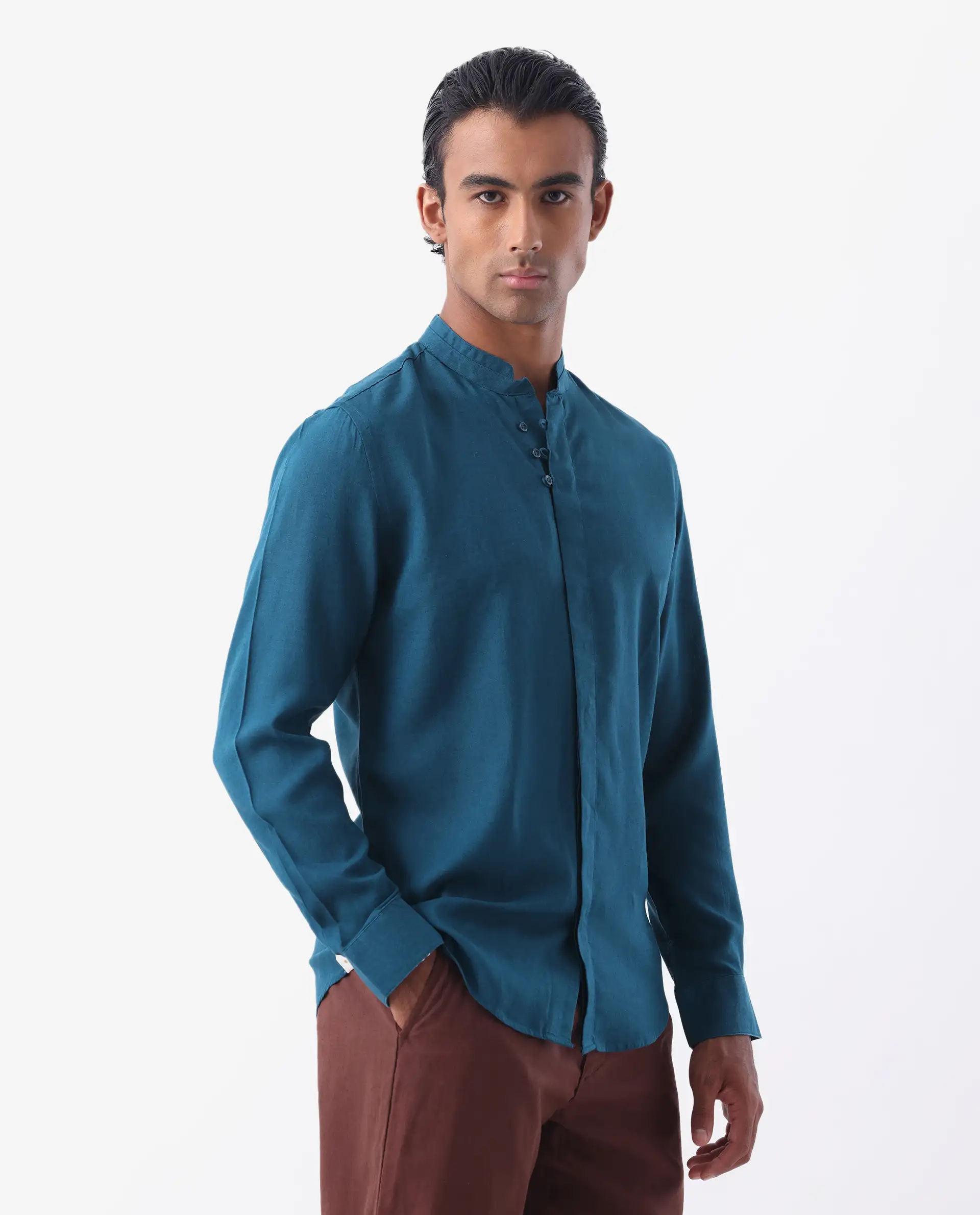Rare Rabbit Men's Throne Ls-25 Teal Linen Blend Plain Regular Fit Full Sleeve Mandarin Collar Shirt - Image 5