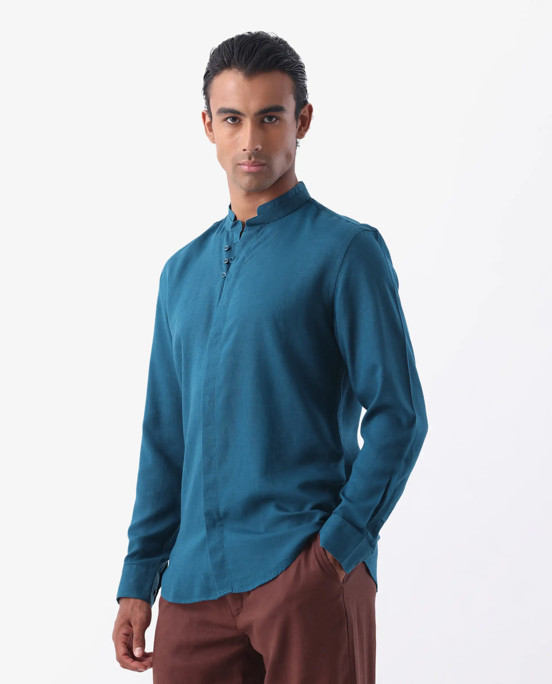 Rare Rabbit Men's Throne Ls-25 Teal Linen Blend Plain Regular Fit Full Sleeve Mandarin Collar Shirt - Image 6
