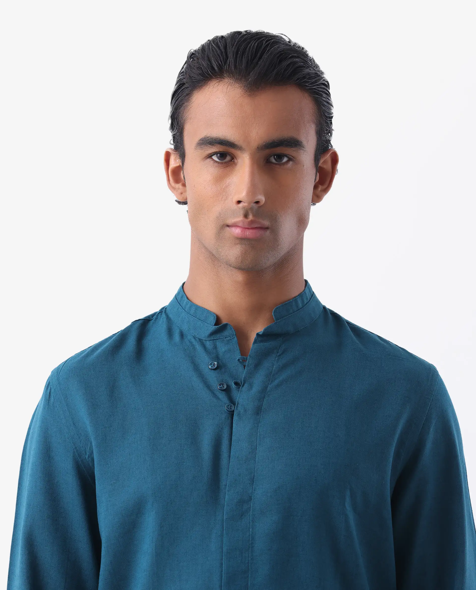 Rare Rabbit Men's Throne Ls-25 Teal Linen Blend Plain Regular Fit Full Sleeve Mandarin Collar Shirt - Image 7