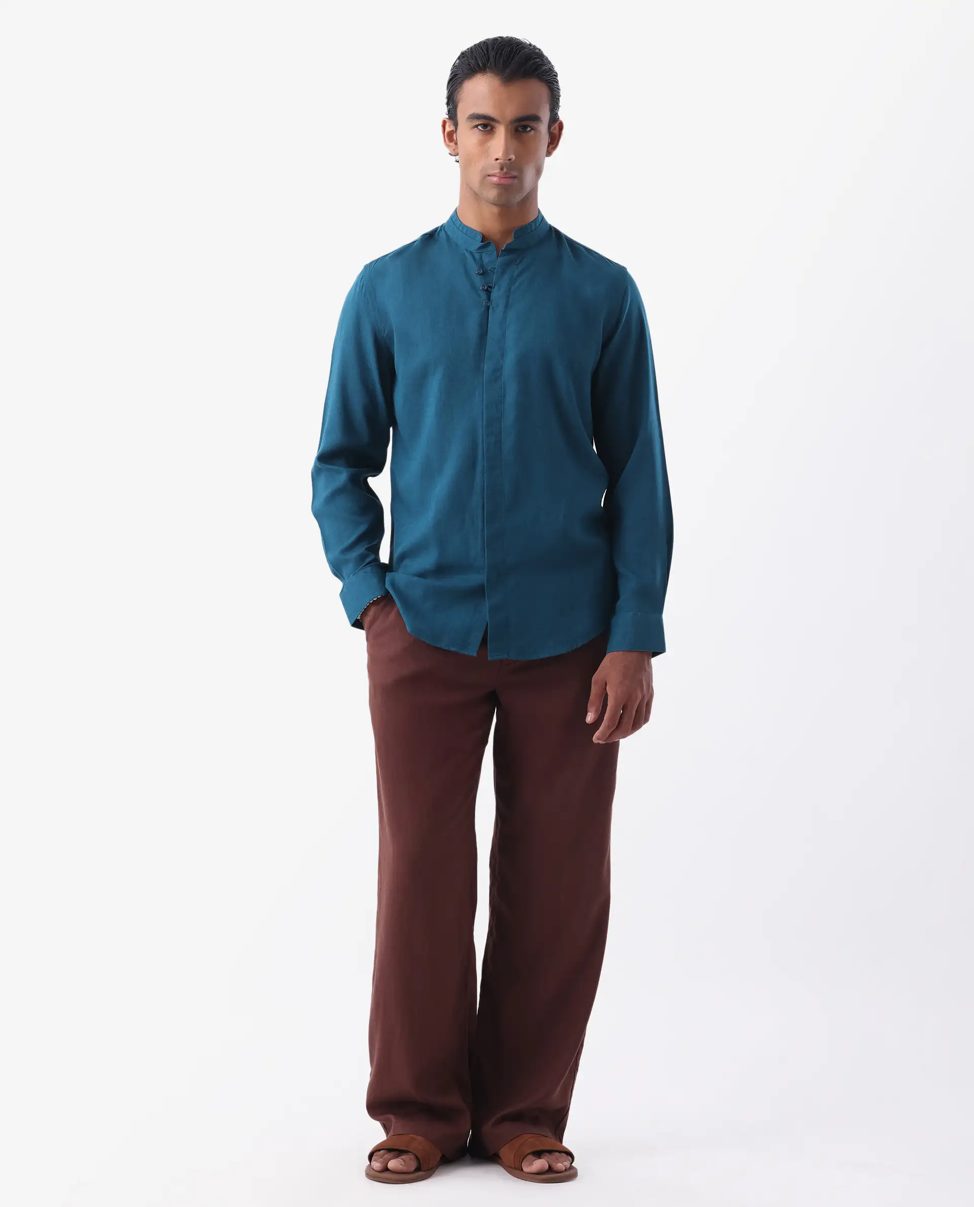 Rare Rabbit Men's Throne Ls-25 Teal Linen Blend Plain Regular Fit Full Sleeve Mandarin Collar Shirt - Image 9