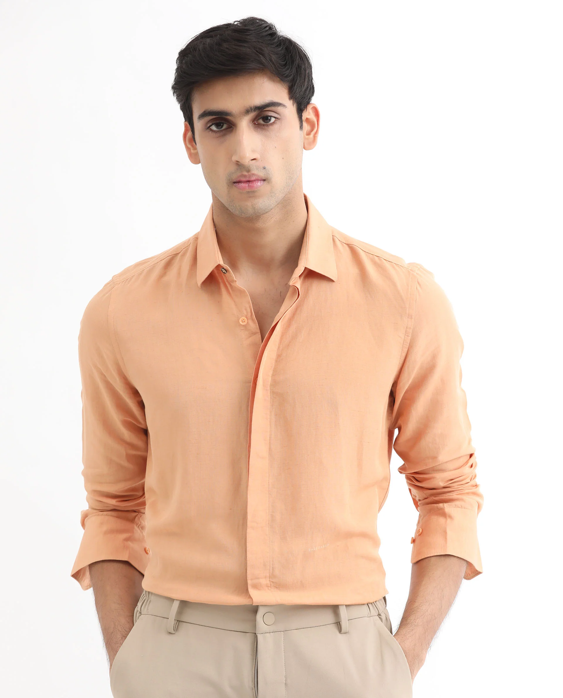 Rare Rabbit Men's Throner Light Orange Linen Blend Plain Regular Fit Full Sleeve Collared Shirt