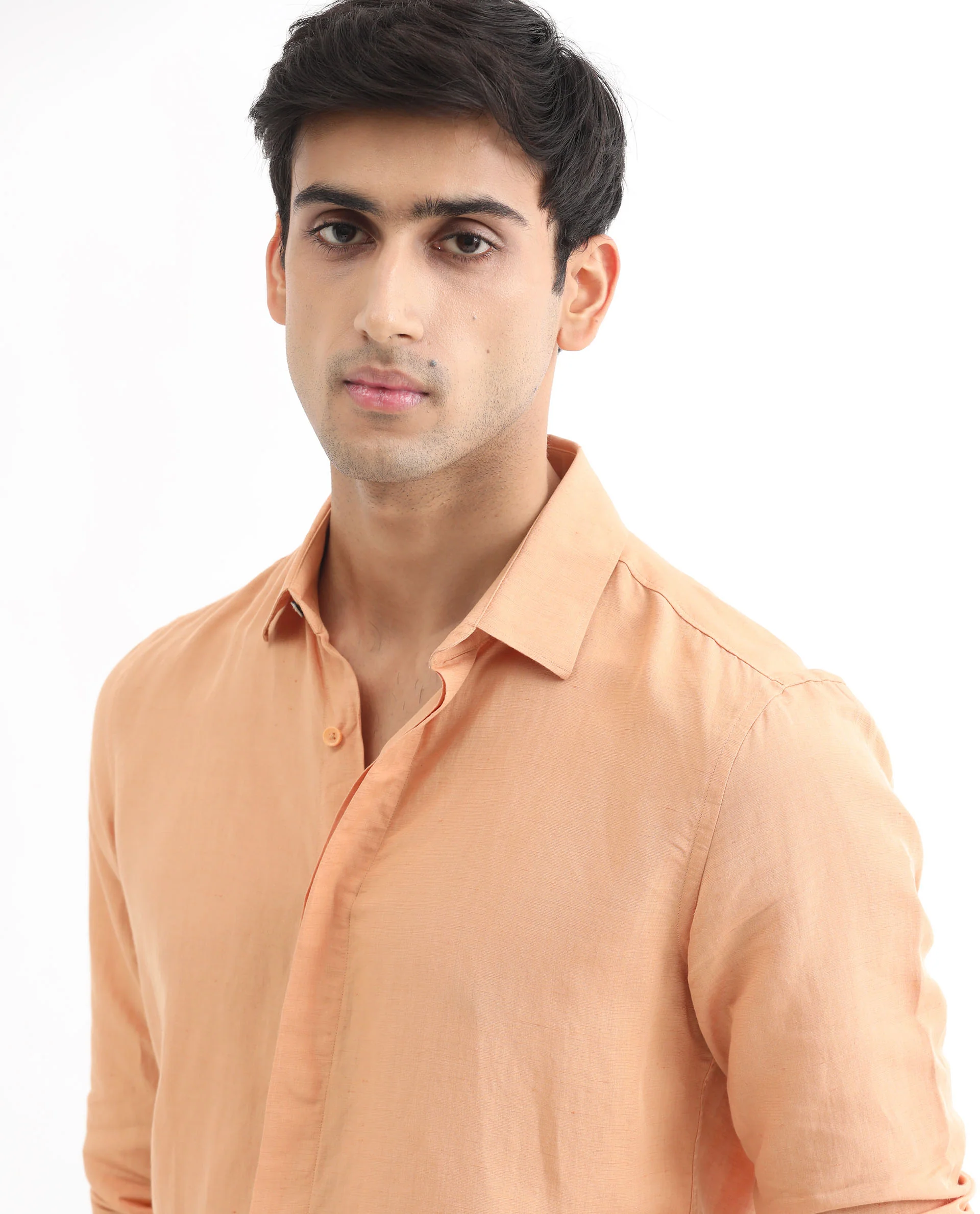 Rare Rabbit Men's Throner Light Orange Linen Blend Plain Regular Fit Full Sleeve Collared Shirt - Image 2
