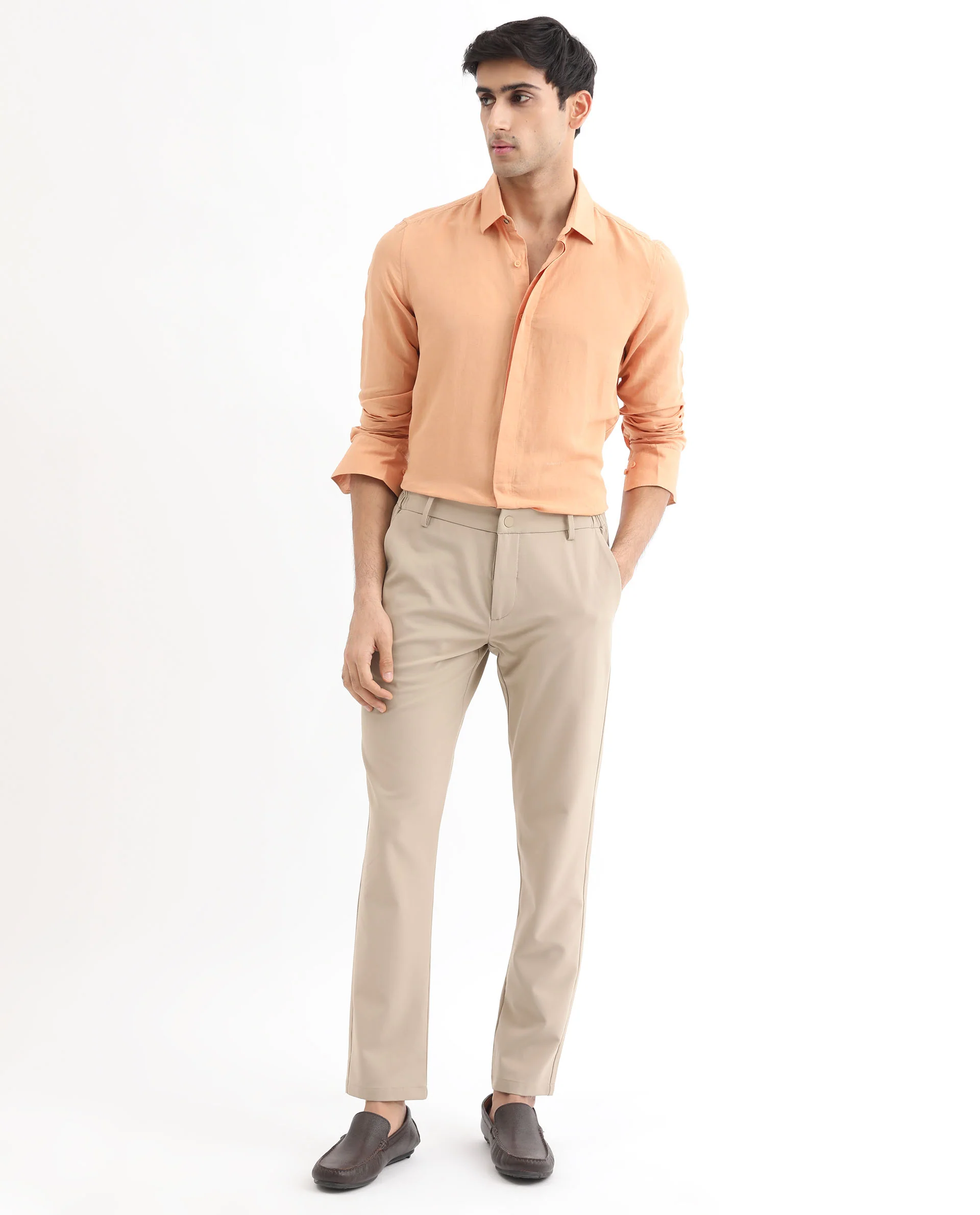 Rare Rabbit Men's Throner Light Orange Linen Blend Plain Regular Fit Full Sleeve Collared Shirt - Image 3