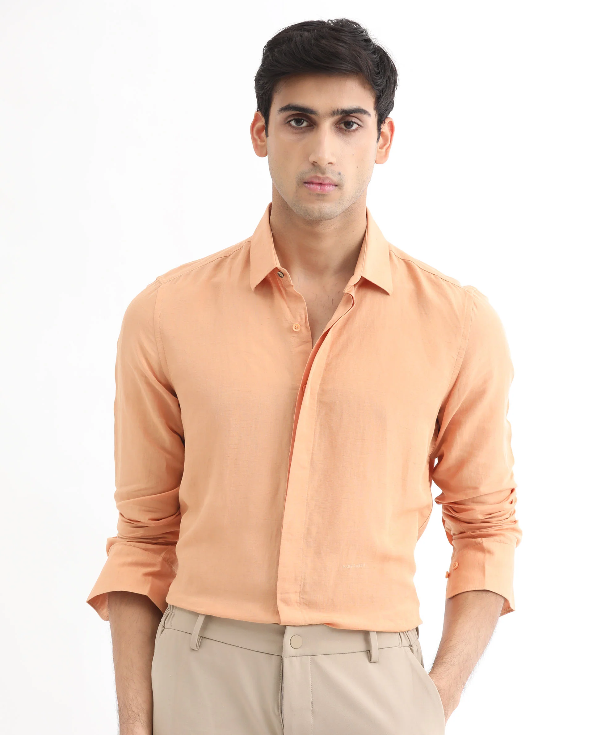 Rare Rabbit Men's Throner Light Orange Linen Blend Plain Regular Fit Full Sleeve Collared Shirt - Image 4