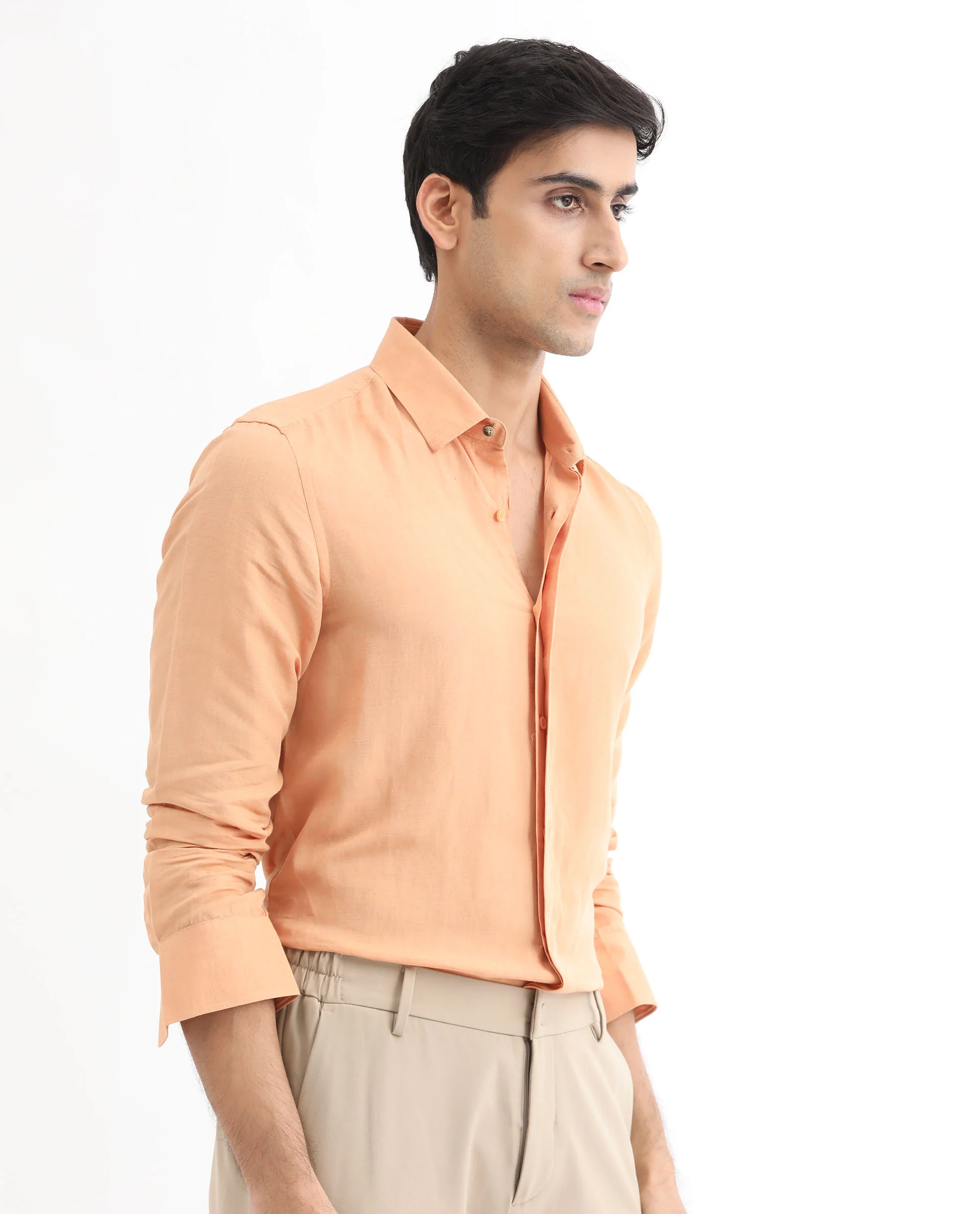 Rare Rabbit Men's Throner Light Orange Linen Blend Plain Regular Fit Full Sleeve Collared Shirt - Image 6