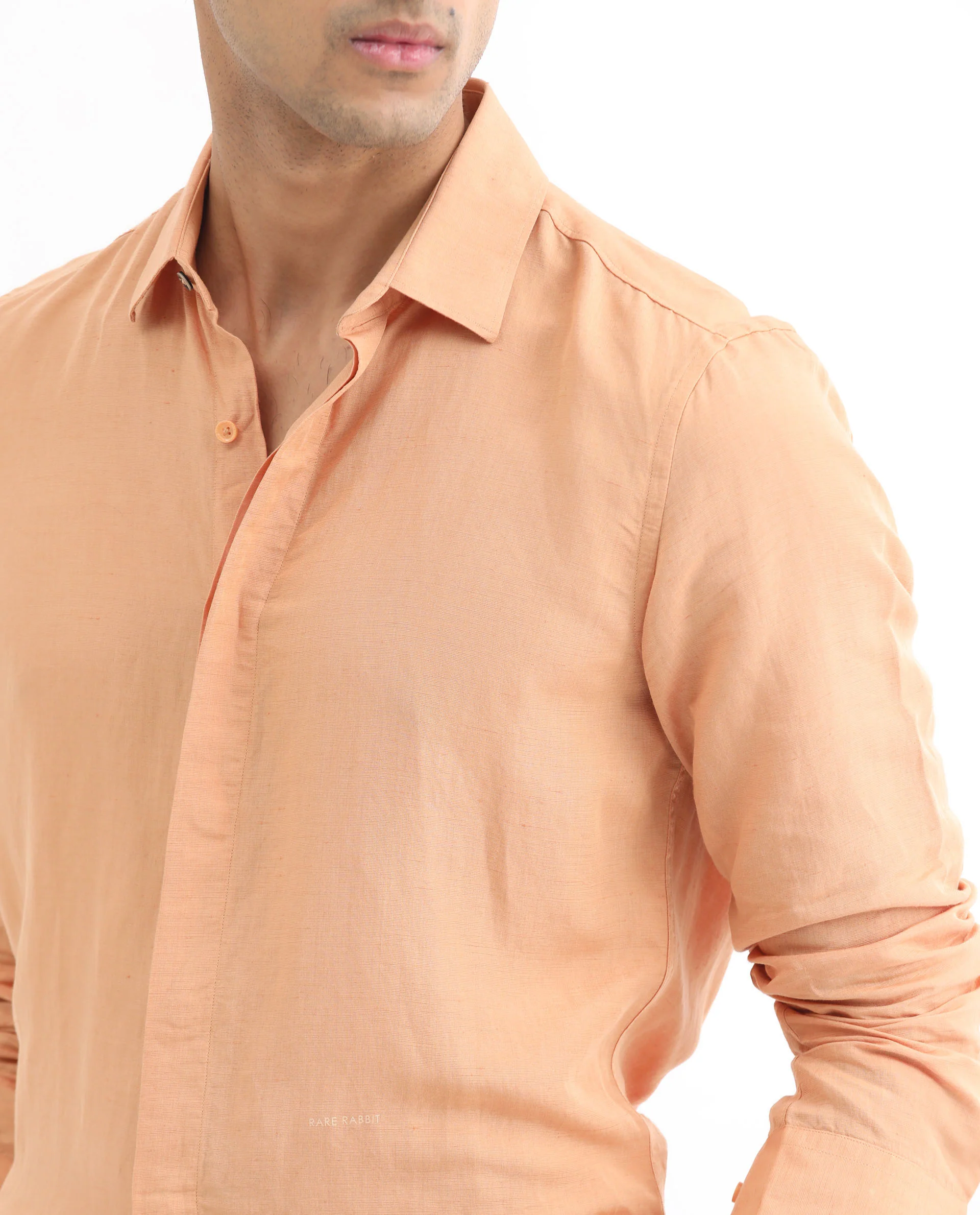 Rare Rabbit Men's Throner Light Orange Linen Blend Plain Regular Fit Full Sleeve Collared Shirt - Image 7